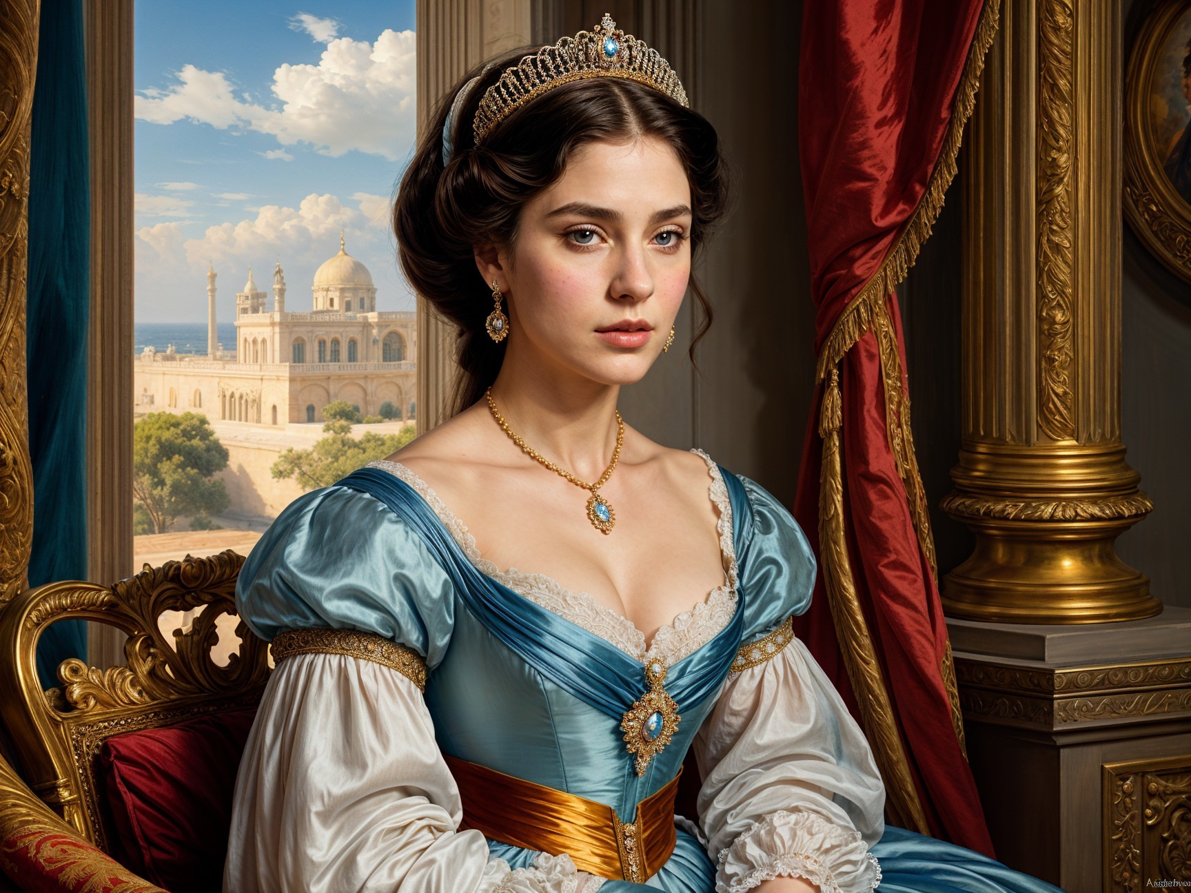 Regal Young Woman in Luxurious Blue Gown and Tiara
