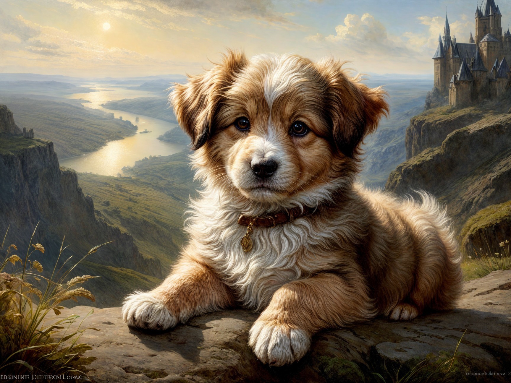 Fluffy Golden-Brown Puppy on Rocky Ledge with River