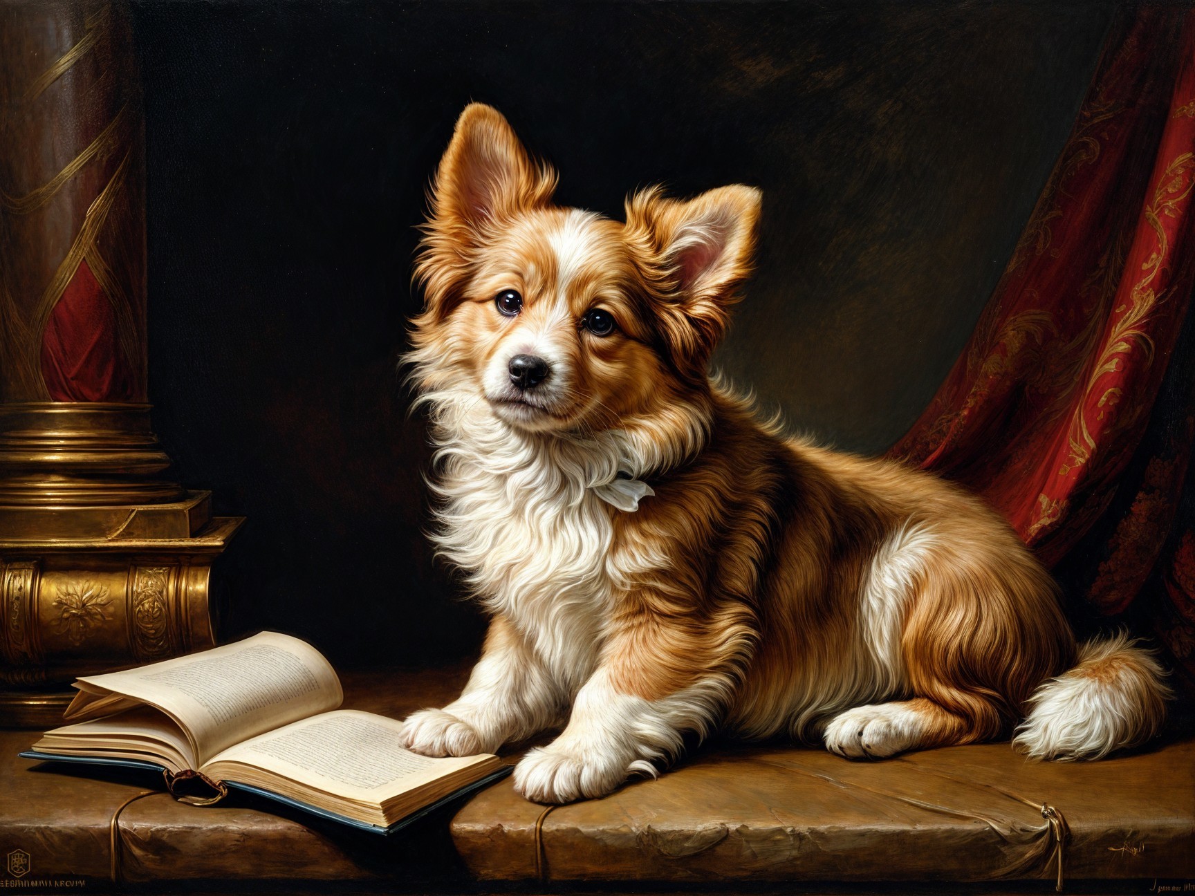 Corgi Puppy Resting Beside an Open Book