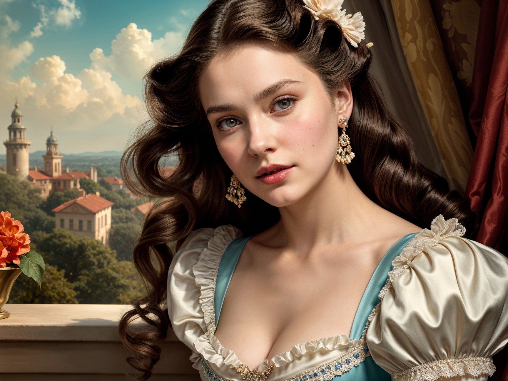 Young Woman in Blue Gown by Window with Scenic View