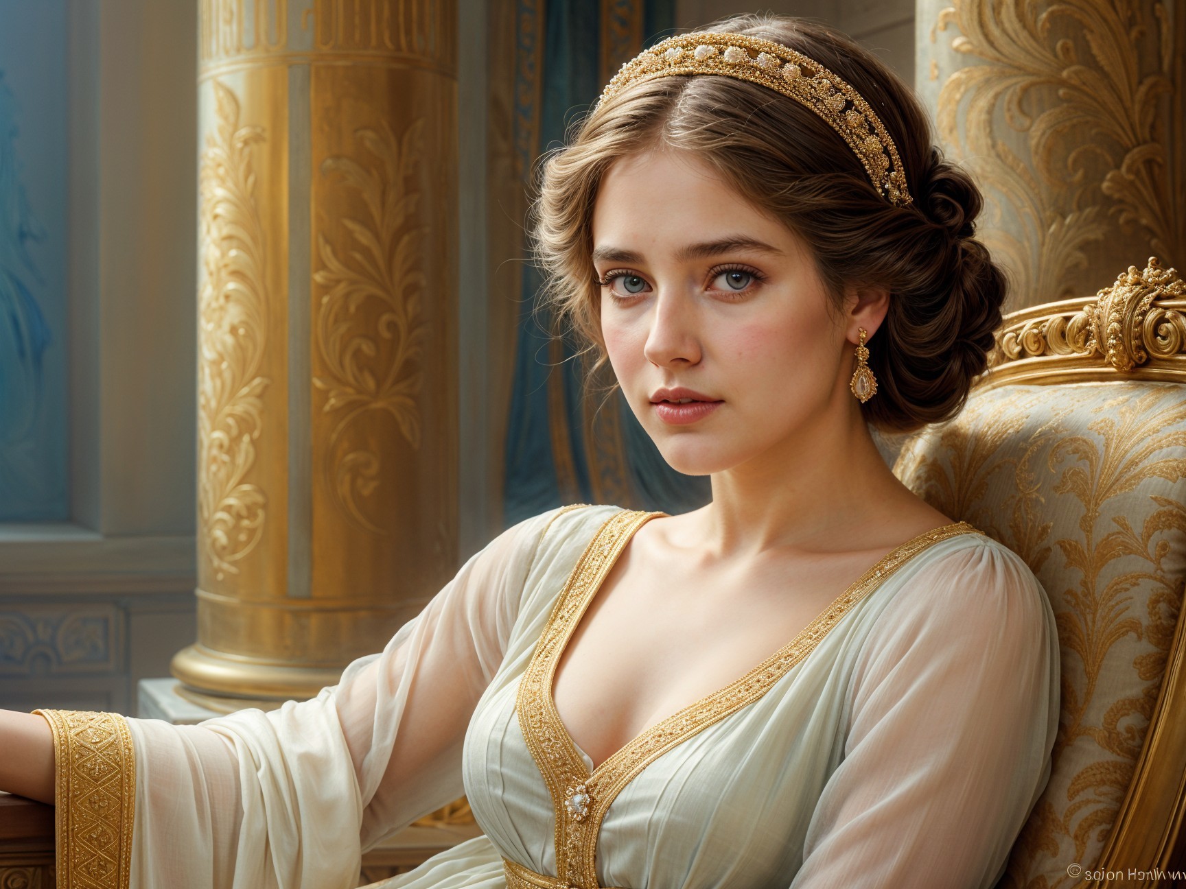 Elegant Young Woman in Luxurious Decorated Room