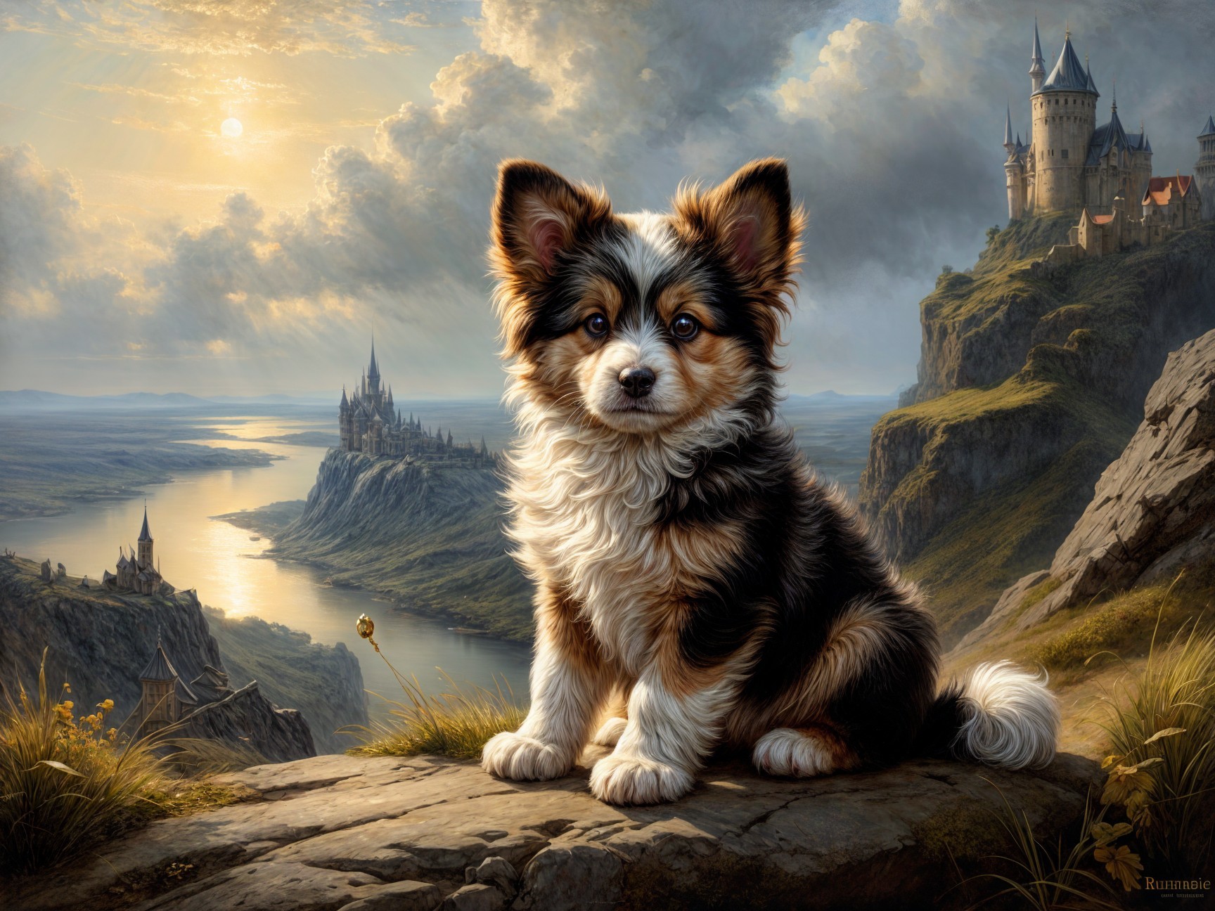 Adorable puppy on rocky outcrop in scenic landscape