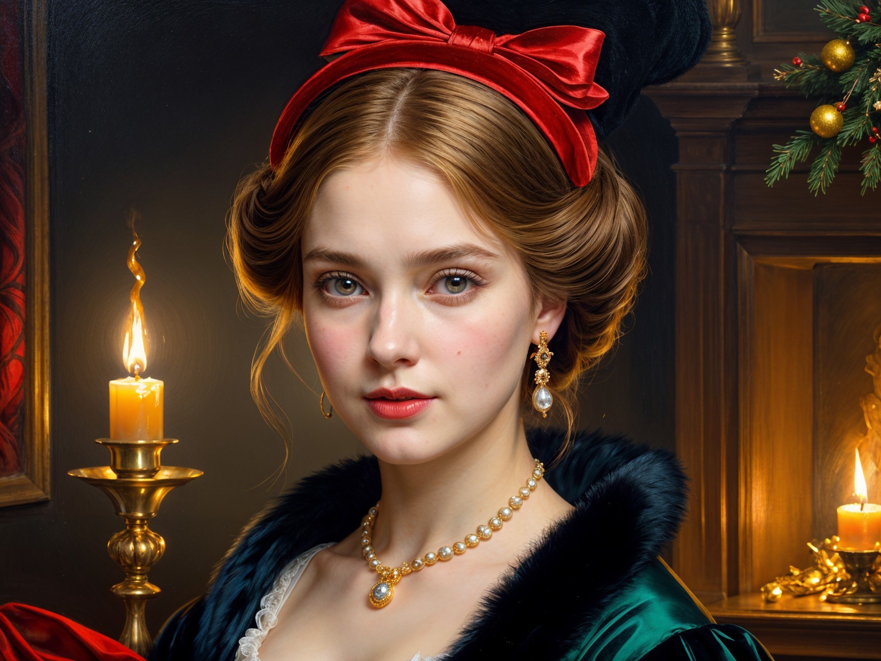 Young woman in dark green dress with fur collar