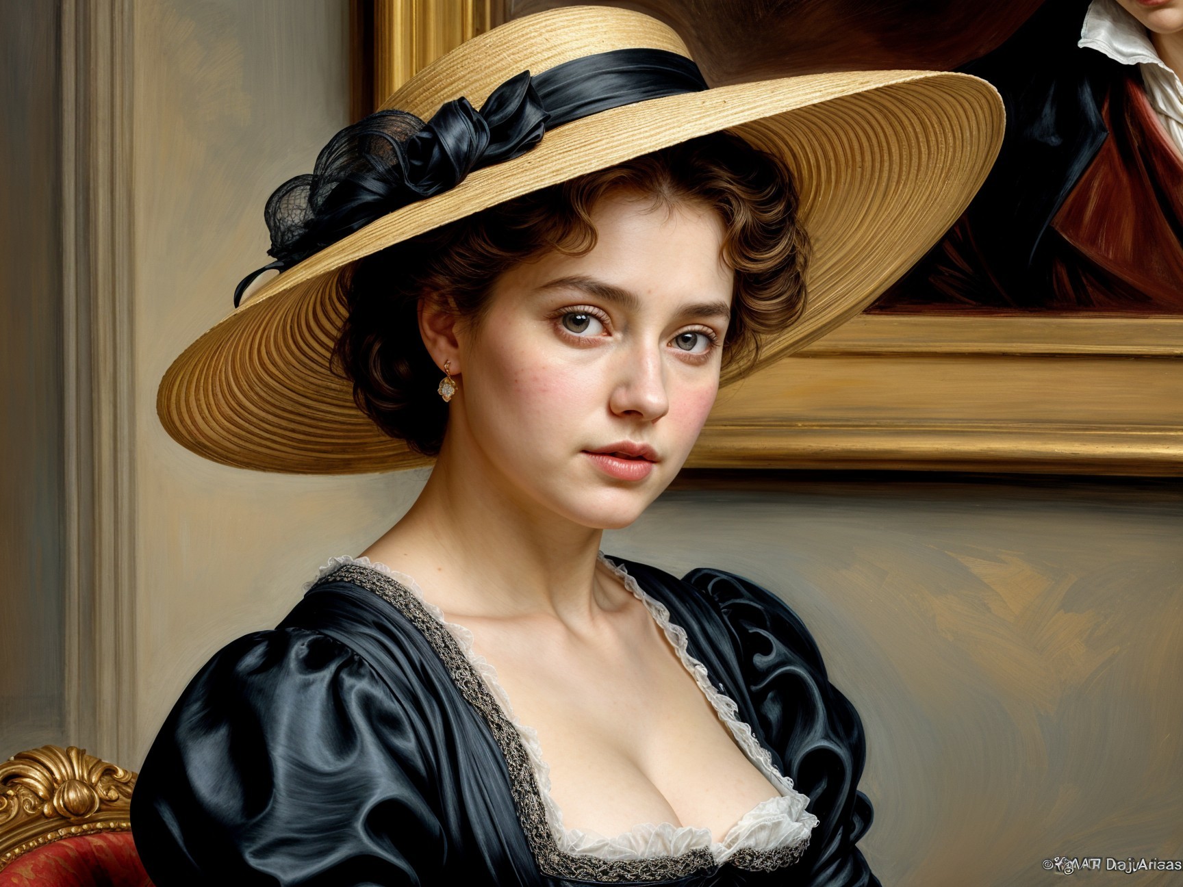 Young Woman in Elegant Black Dress and Straw Hat