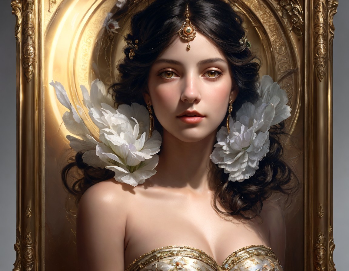 Portrait of a woman in a golden dress with floral hair