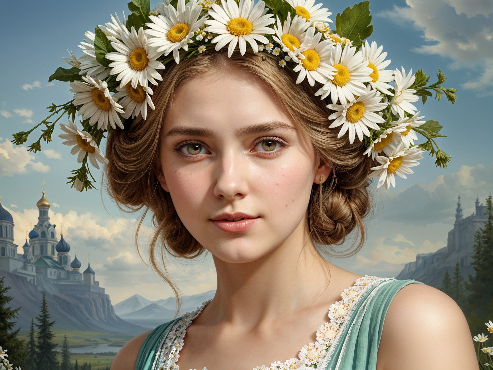 Young woman in teal gown with daisy crown in nature