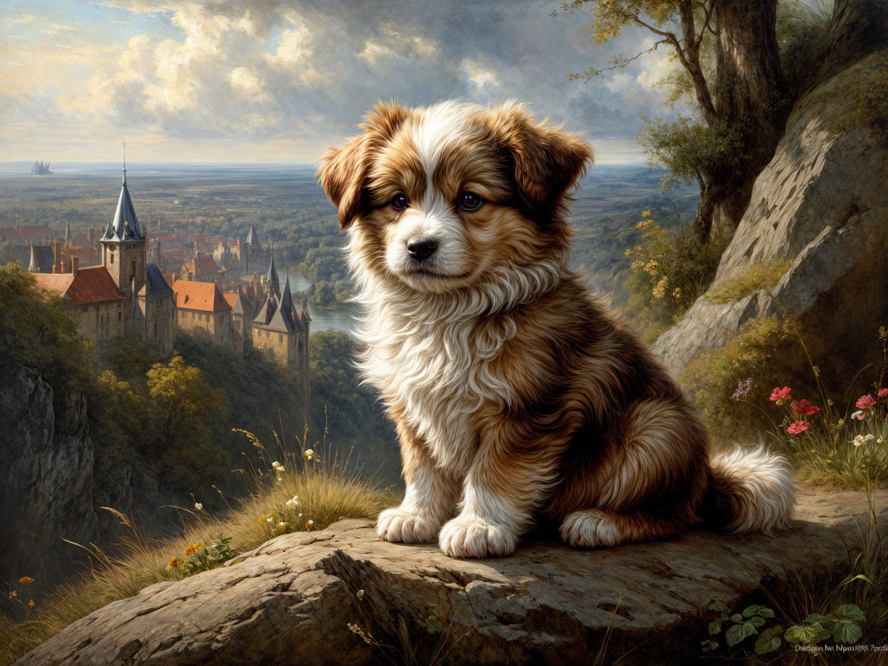 Fluffy Puppy on Rocky Outcrop in Scenic Landscape