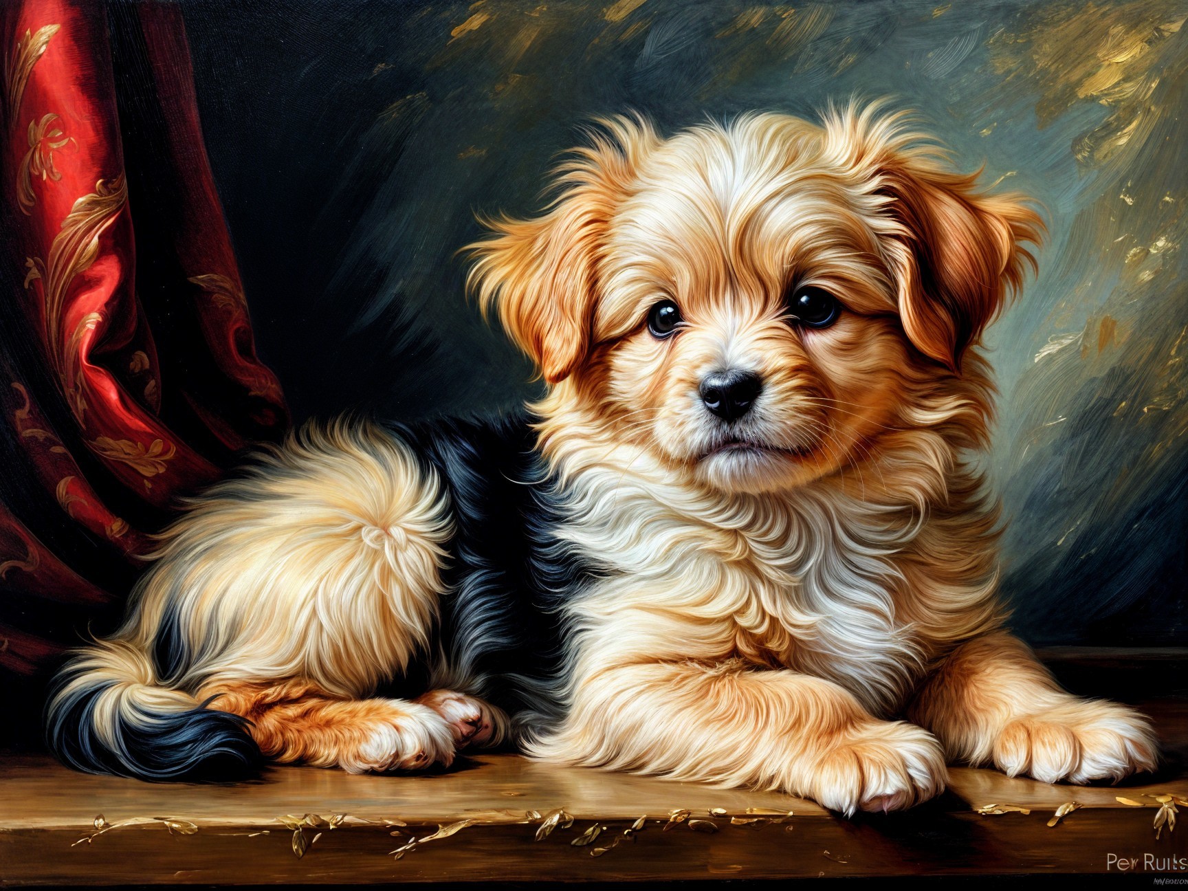Fluffy Creamy Puppy with Black Patches on Wood