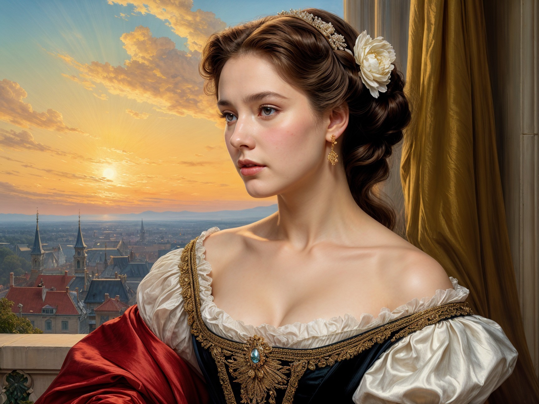 Young Woman in Historical Gown at Vibrant Sunset