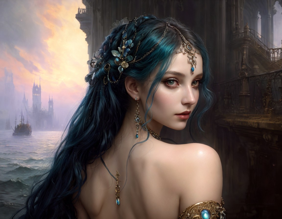 Fantasy portrait: Woman with blue hair and jewelled headpiece in gothic cityscape at sunset