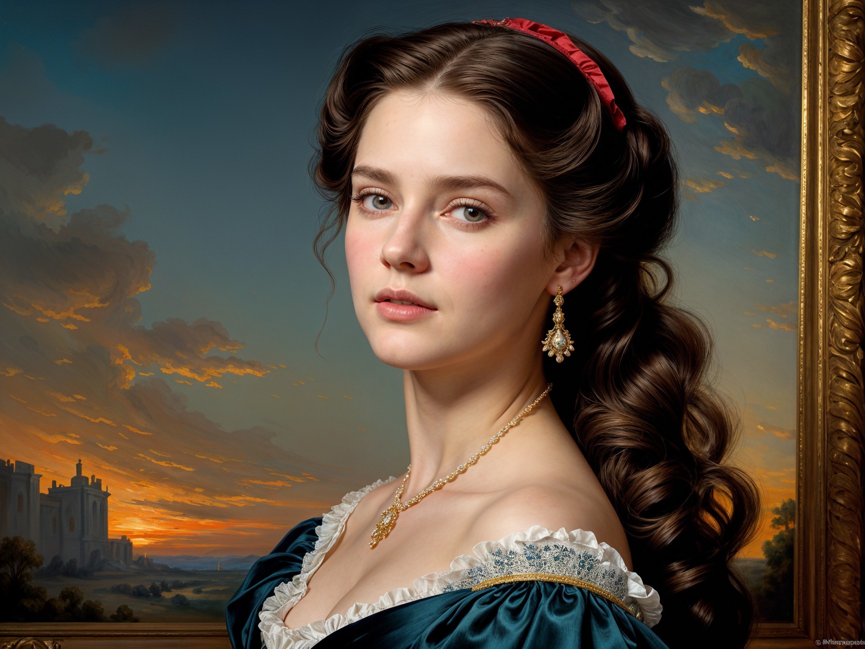 Young Woman in Dark Blue Dress Against Sunset and Castle