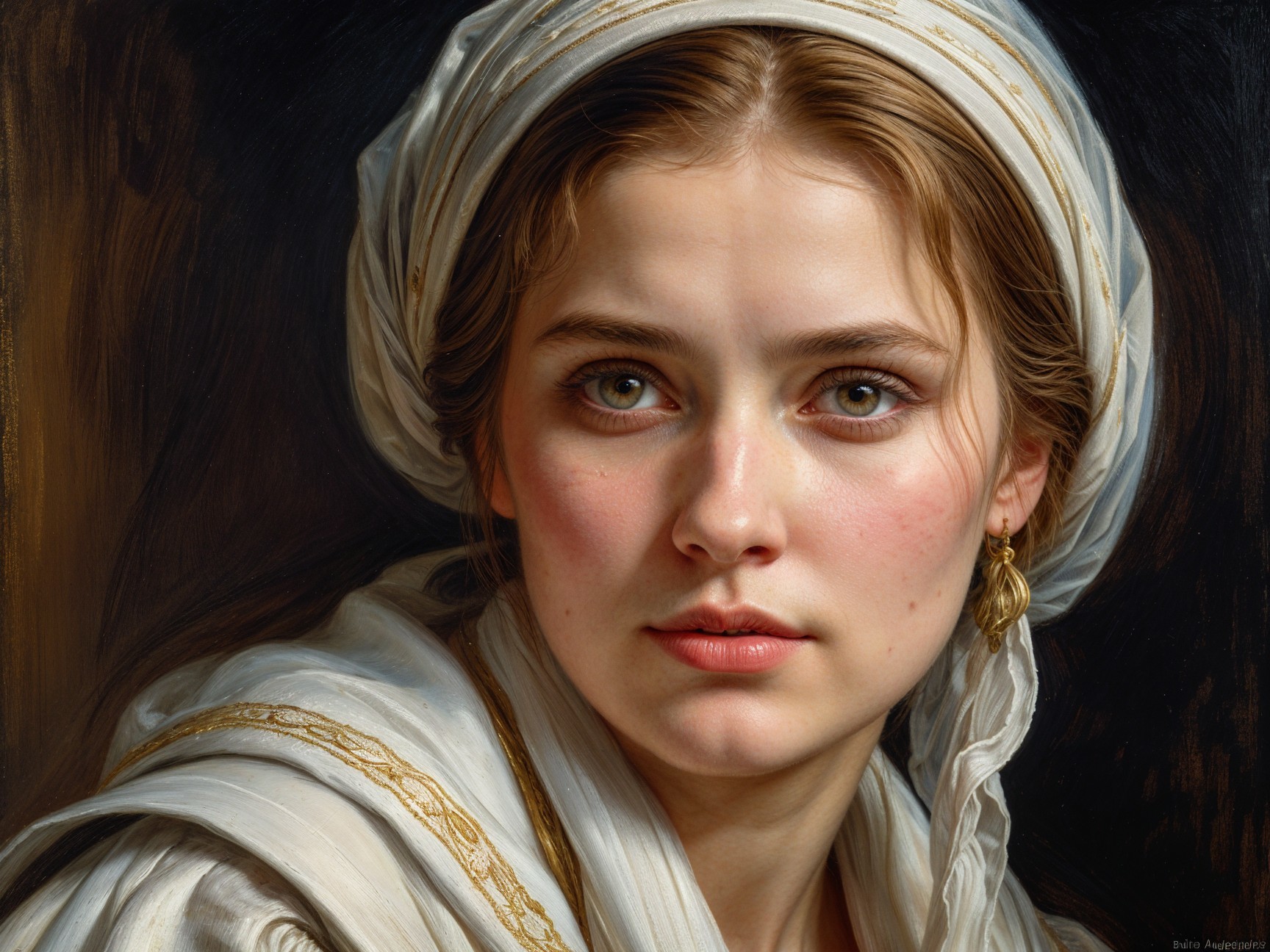 Portrait of a Young Woman with Green Eyes and Headscarf