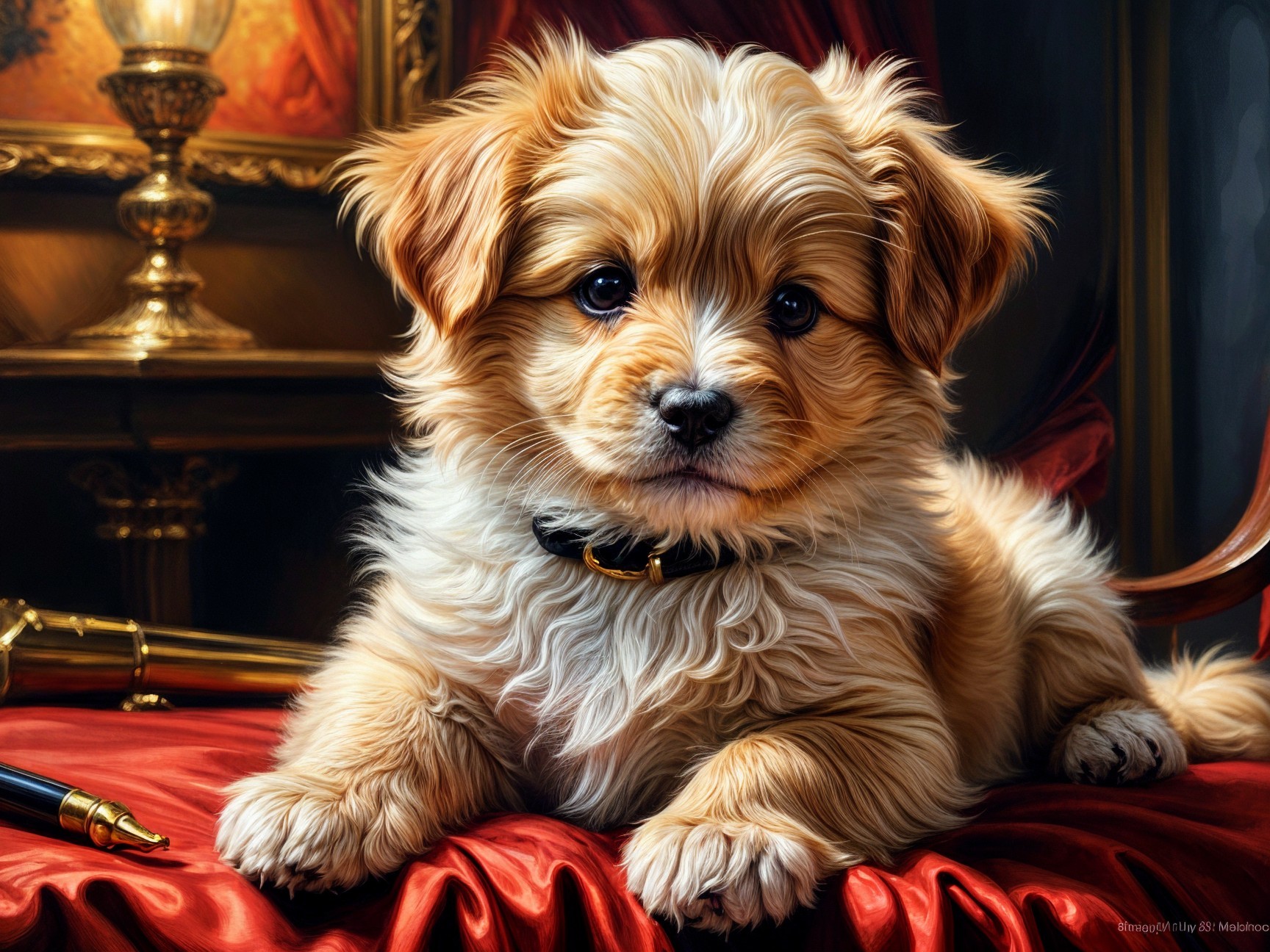 Fluffy Golden Puppy on Luxurious Red Fabric Setting