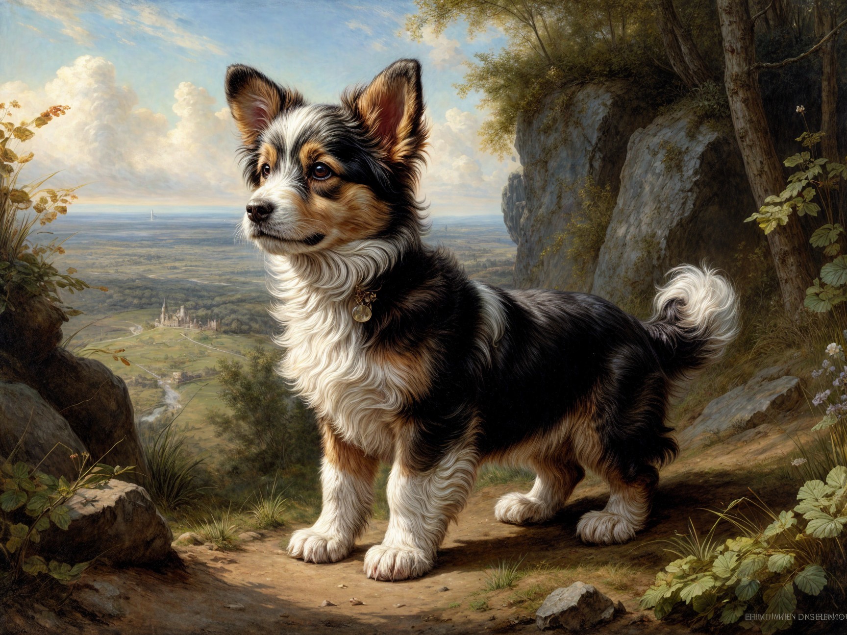 Corgi on Rocky Path Overlooking Lush Landscape