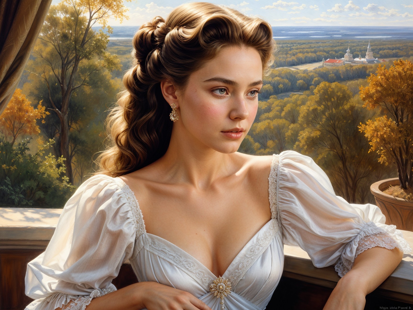 Young woman in elegant gown gazing from a window