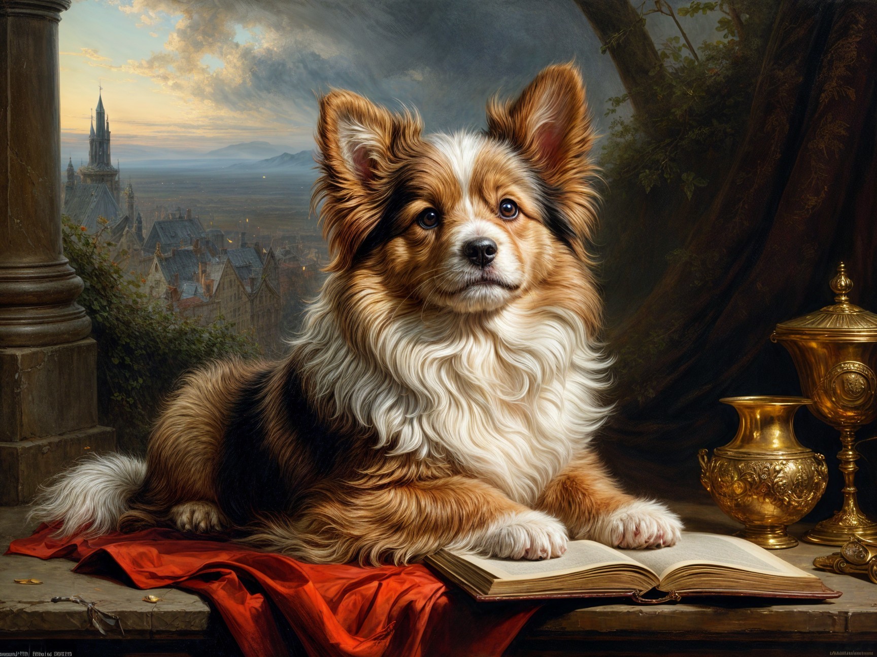 Regal Dog Lounging on Table with Scenic Background
