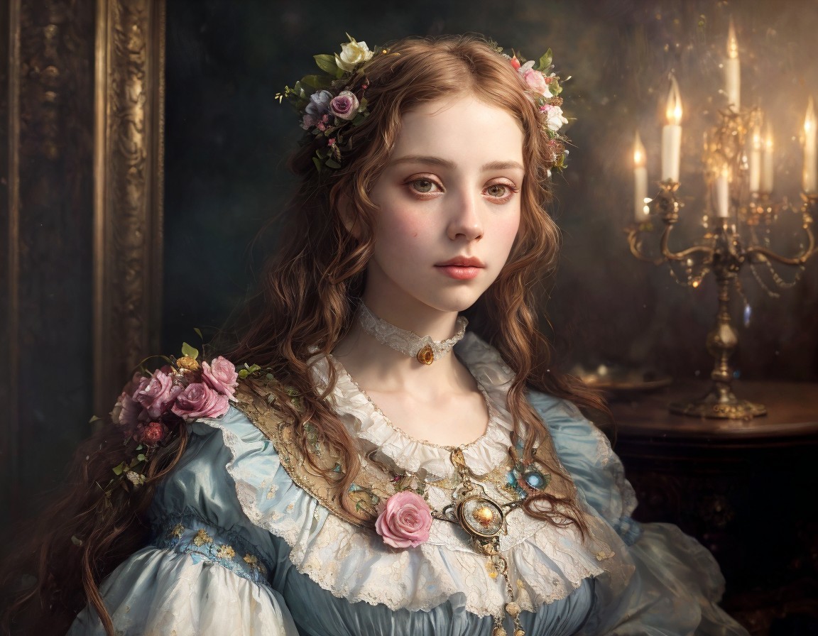 Young woman in vintage floral dress by candelabra