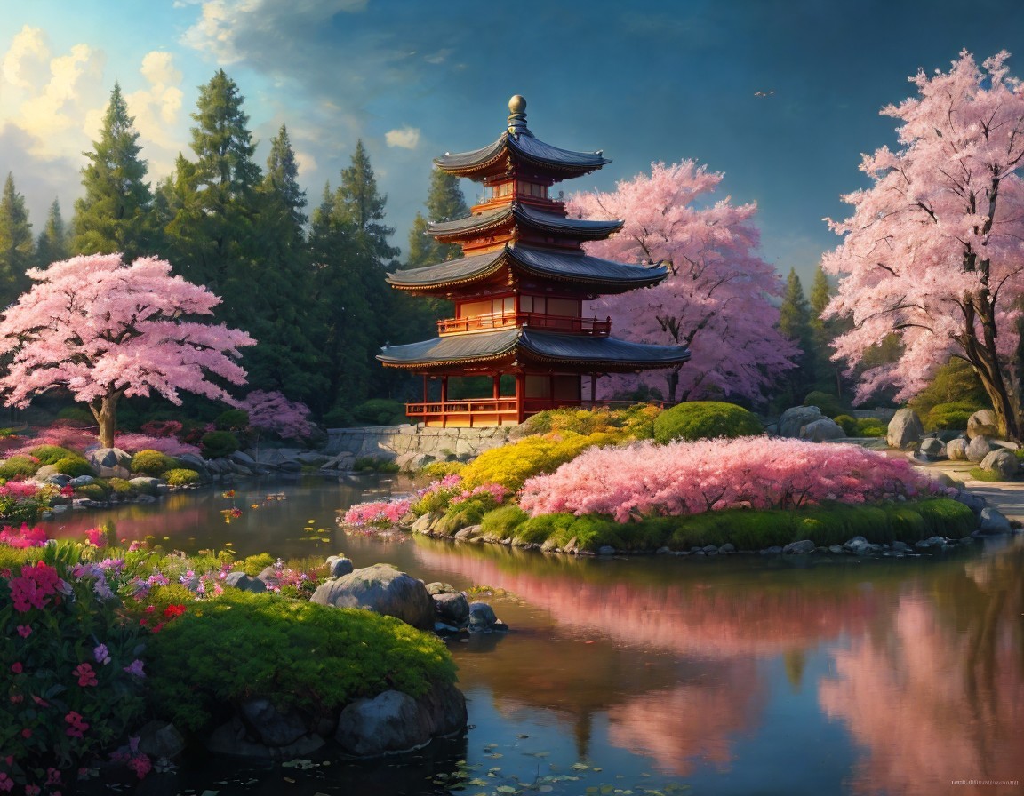Japanese Pagoda Surrounded by Cherry Blossoms in Tranquil Garden