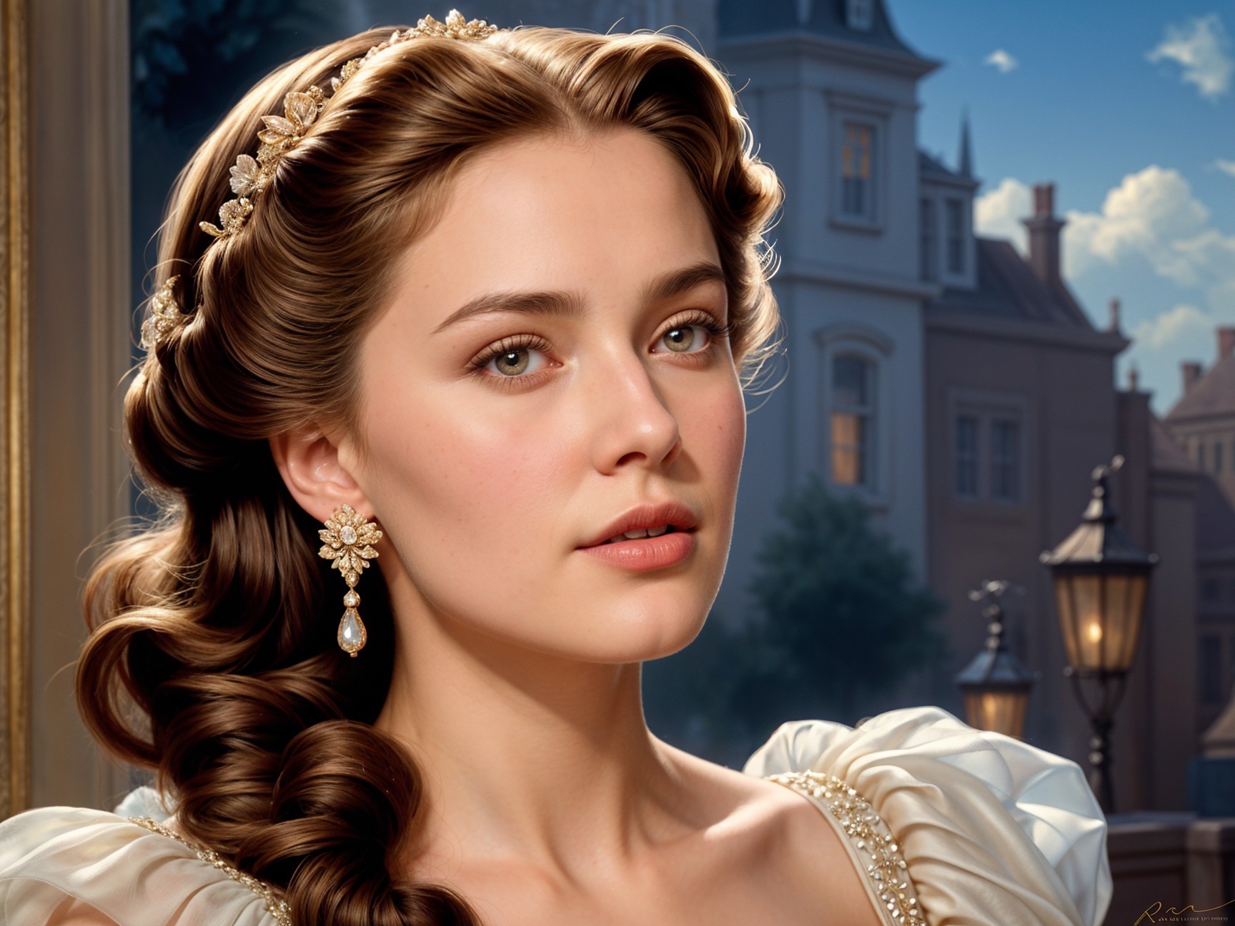 Young woman in elegant dress with fairy-tale backdrop