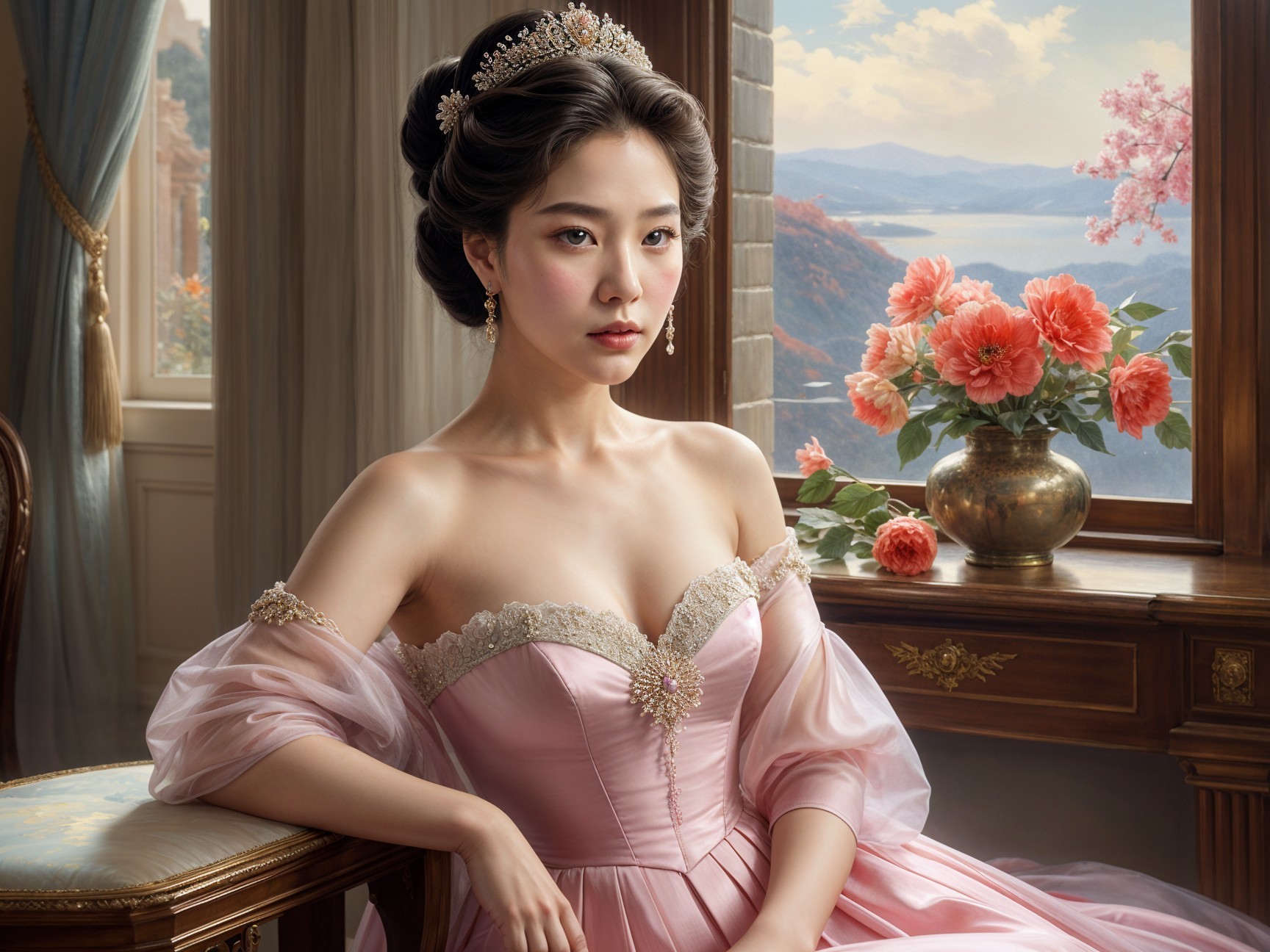 Elegant Young Woman in Pastel Pink Gown and Tiara