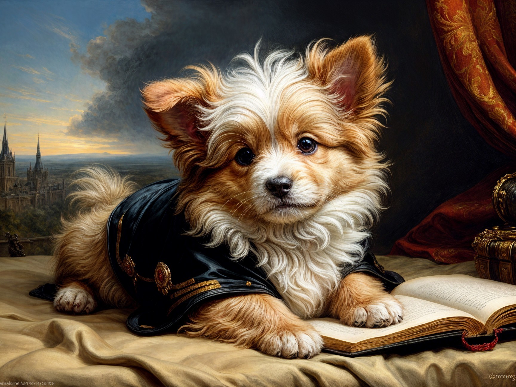 Elegant Puppy on Draped Cloth with Open Book