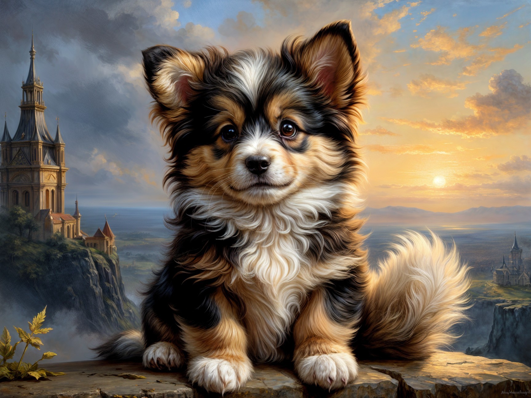 Fluffy Puppy on Rocky Ledge with Castle Background