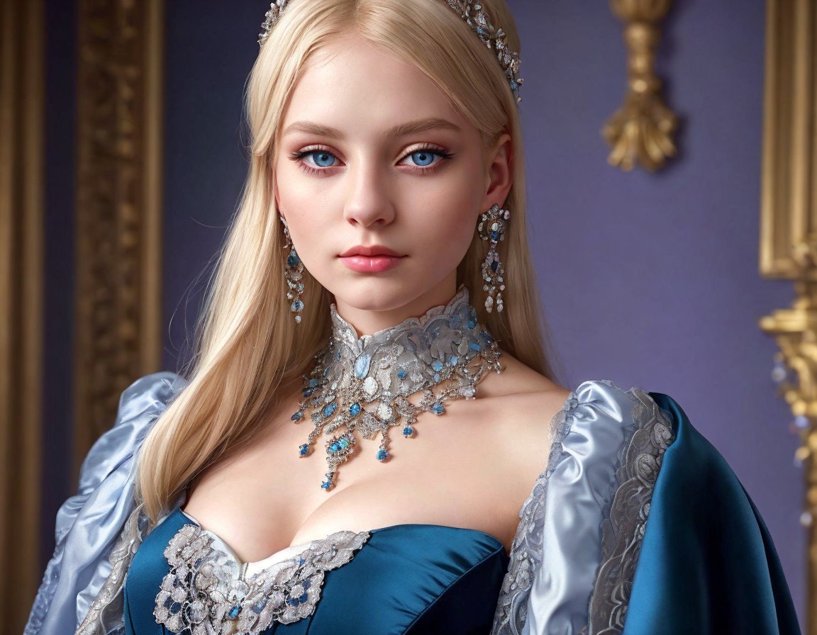 Blonde woman in blue & silver period dress with jeweled accessories in ornate room