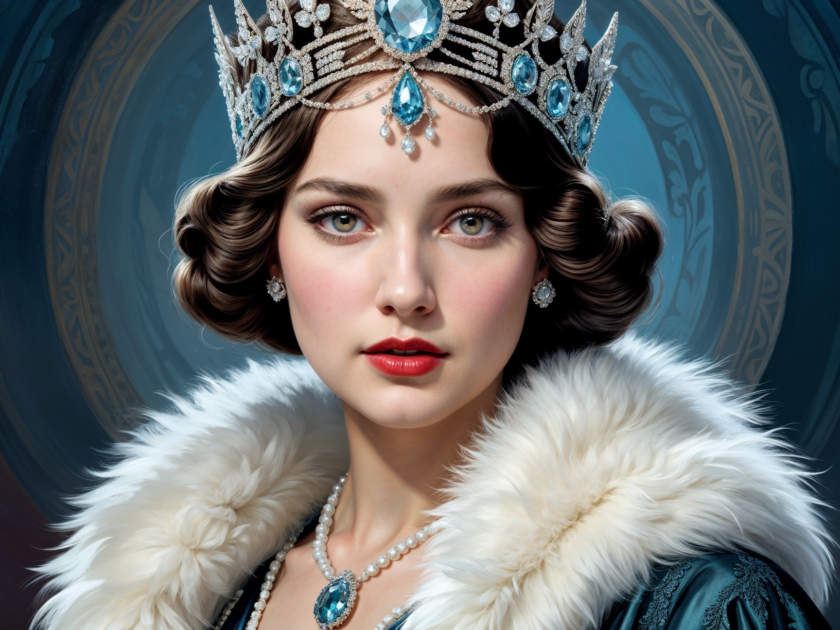 Regal Young Woman in Crown and Luxurious Attire