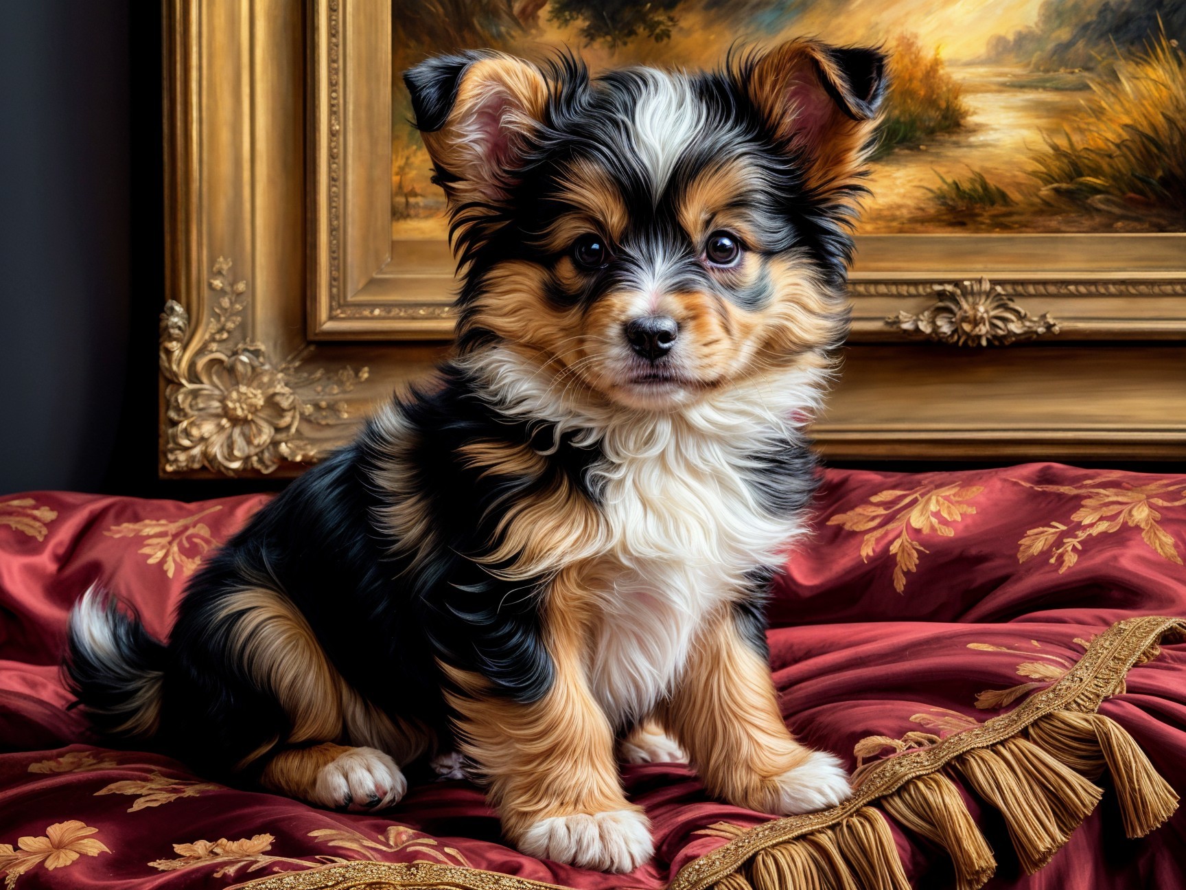 Fluffy Puppy on Luxurious Crimson and Gold Fabric