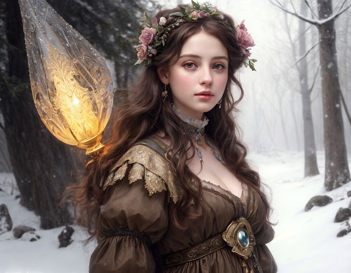 Young woman with floral wreath in snowy forest