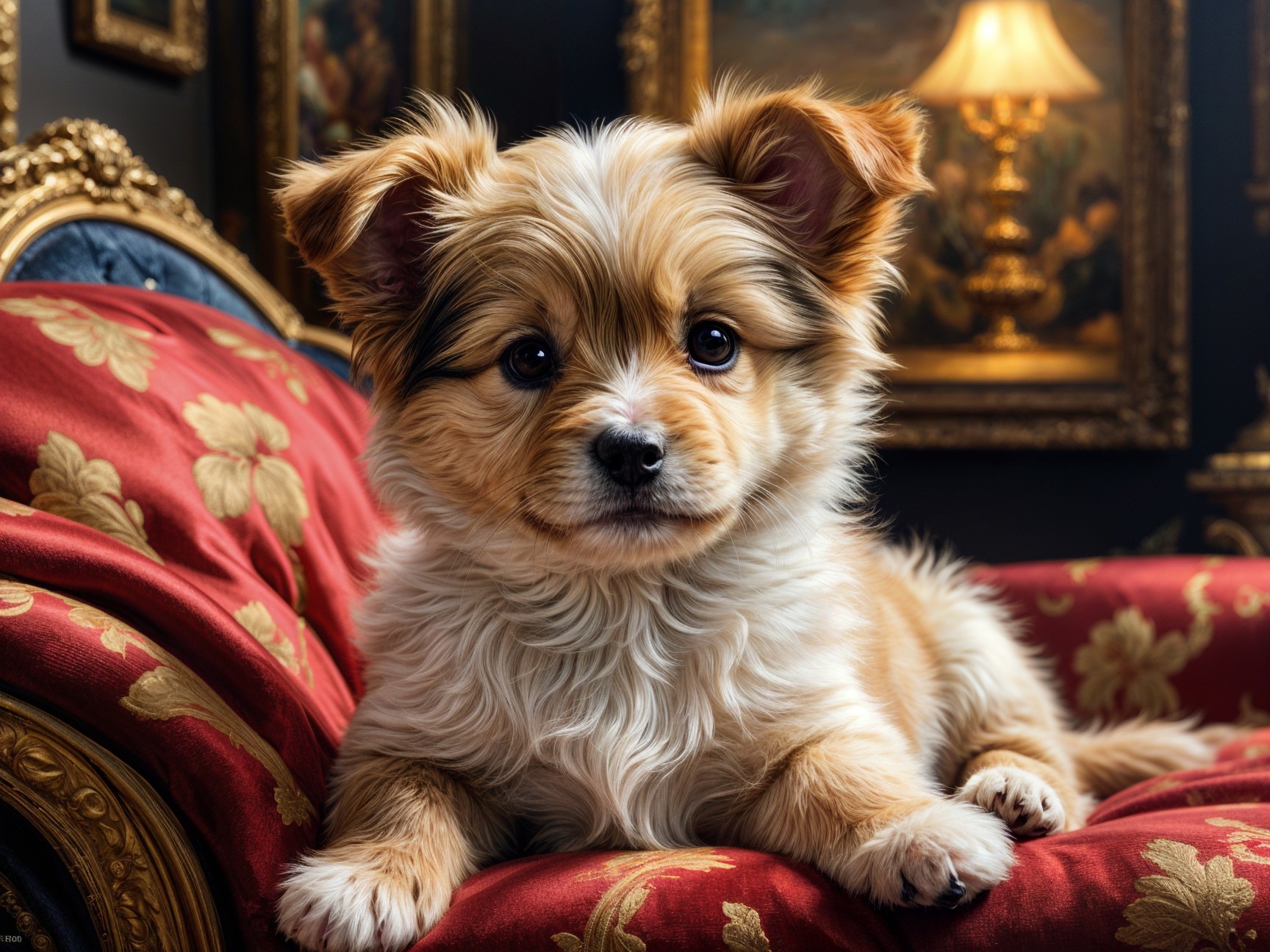 Fluffy Dog on Plush Couch in Elegant Setting