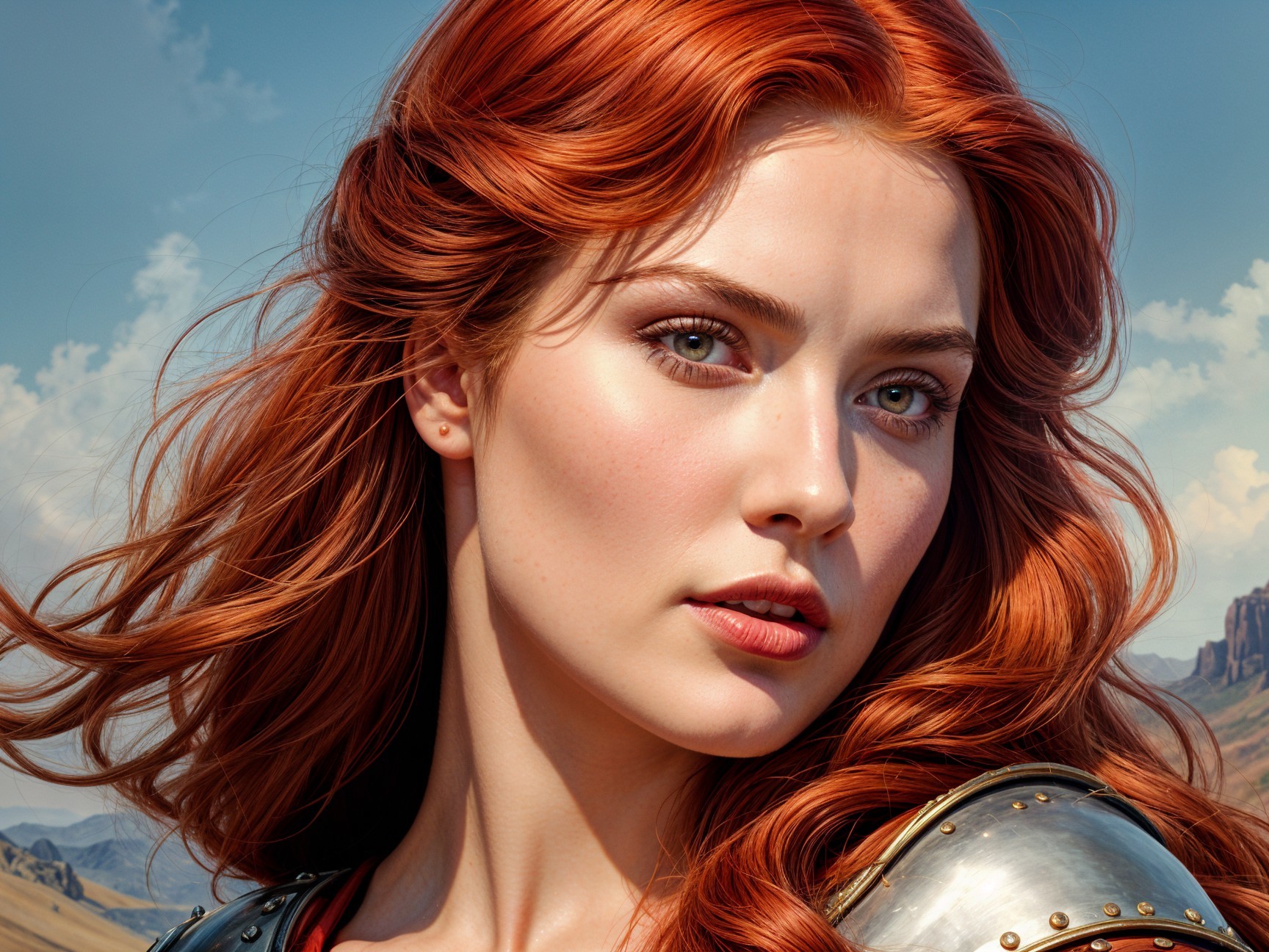 Young Woman in Metallic Armor Against Dramatic Landscape