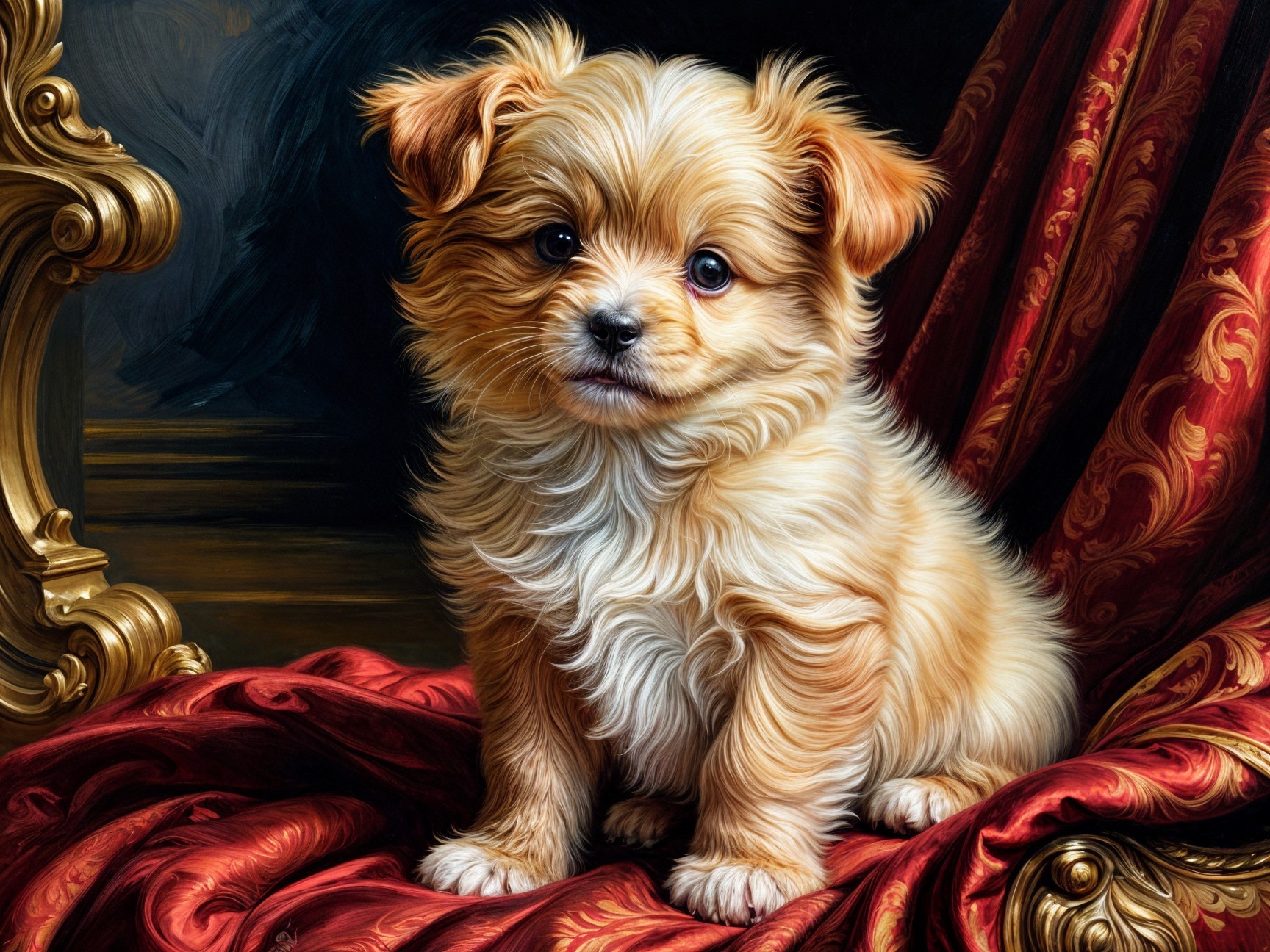 Fluffy Golden Puppy on Crimson and Gold Fabric
