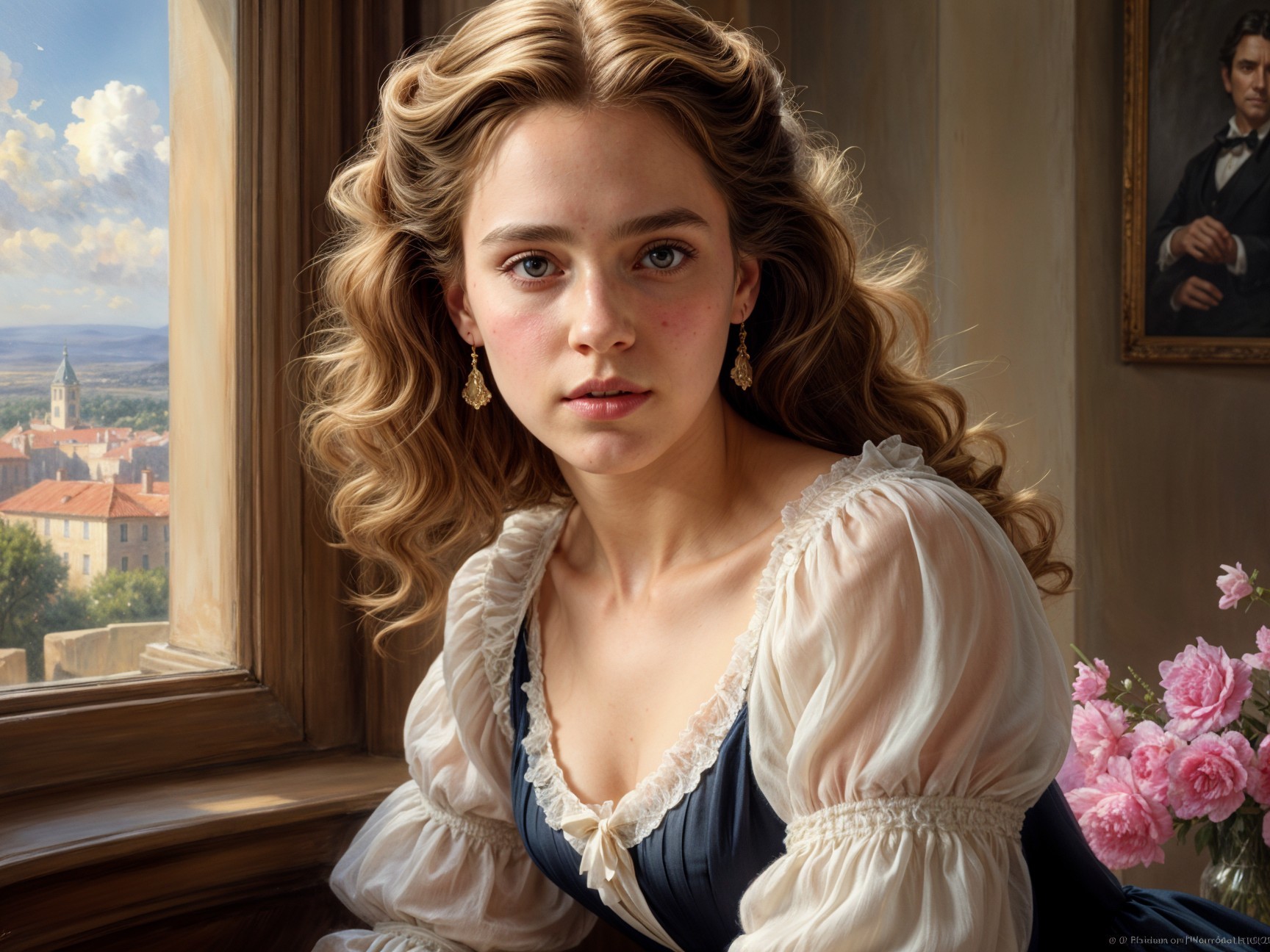 Young woman in a sunlit window with floral backdrop