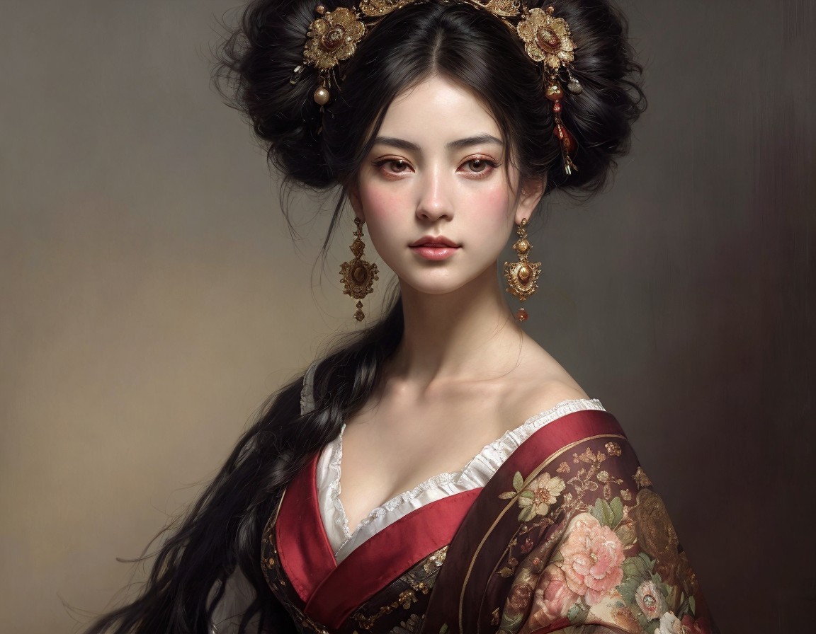 Portrait of a woman in floral burgundy dress with hairstyle
