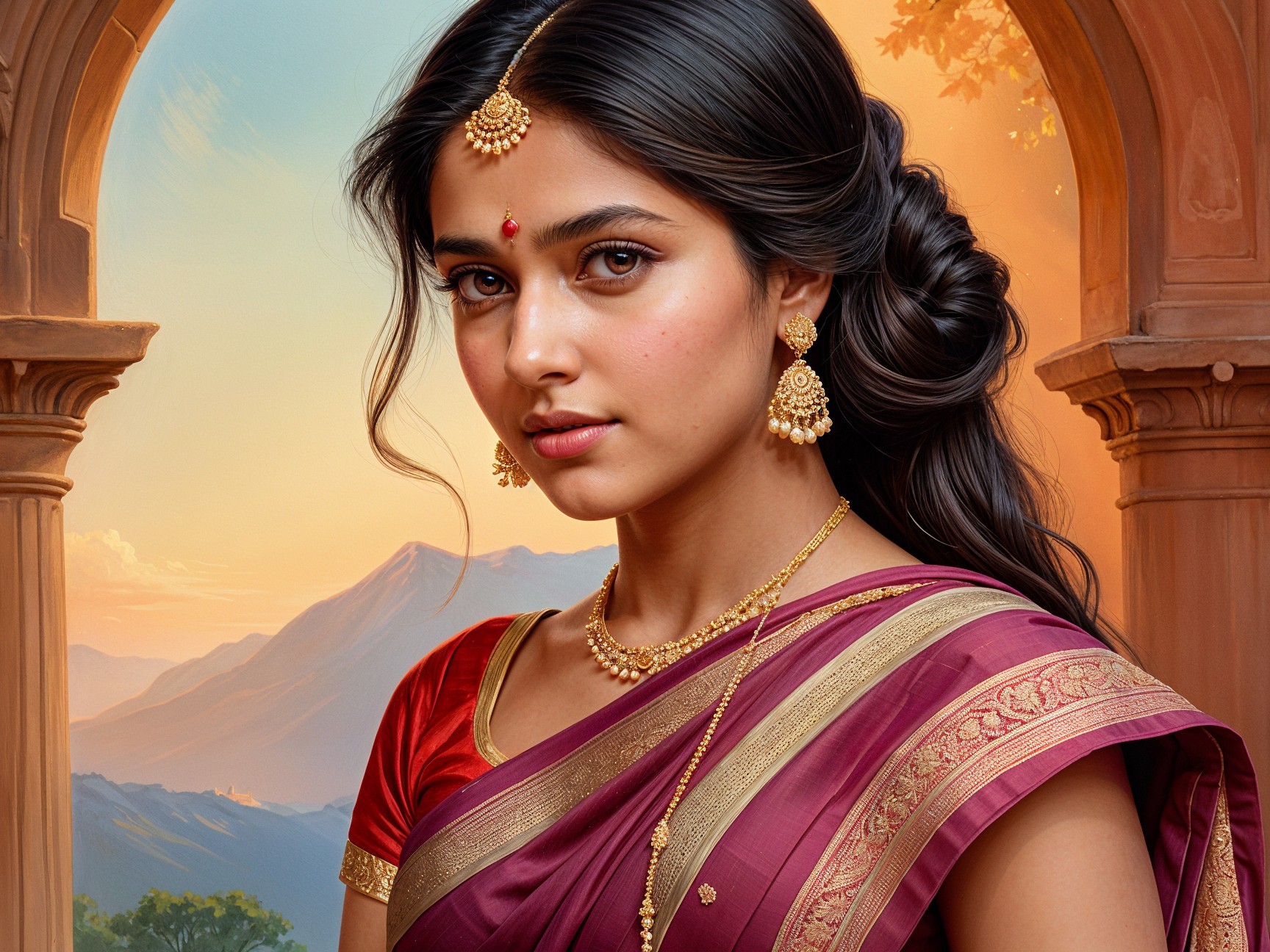 Young Woman in Traditional Maroon and Gold Sari