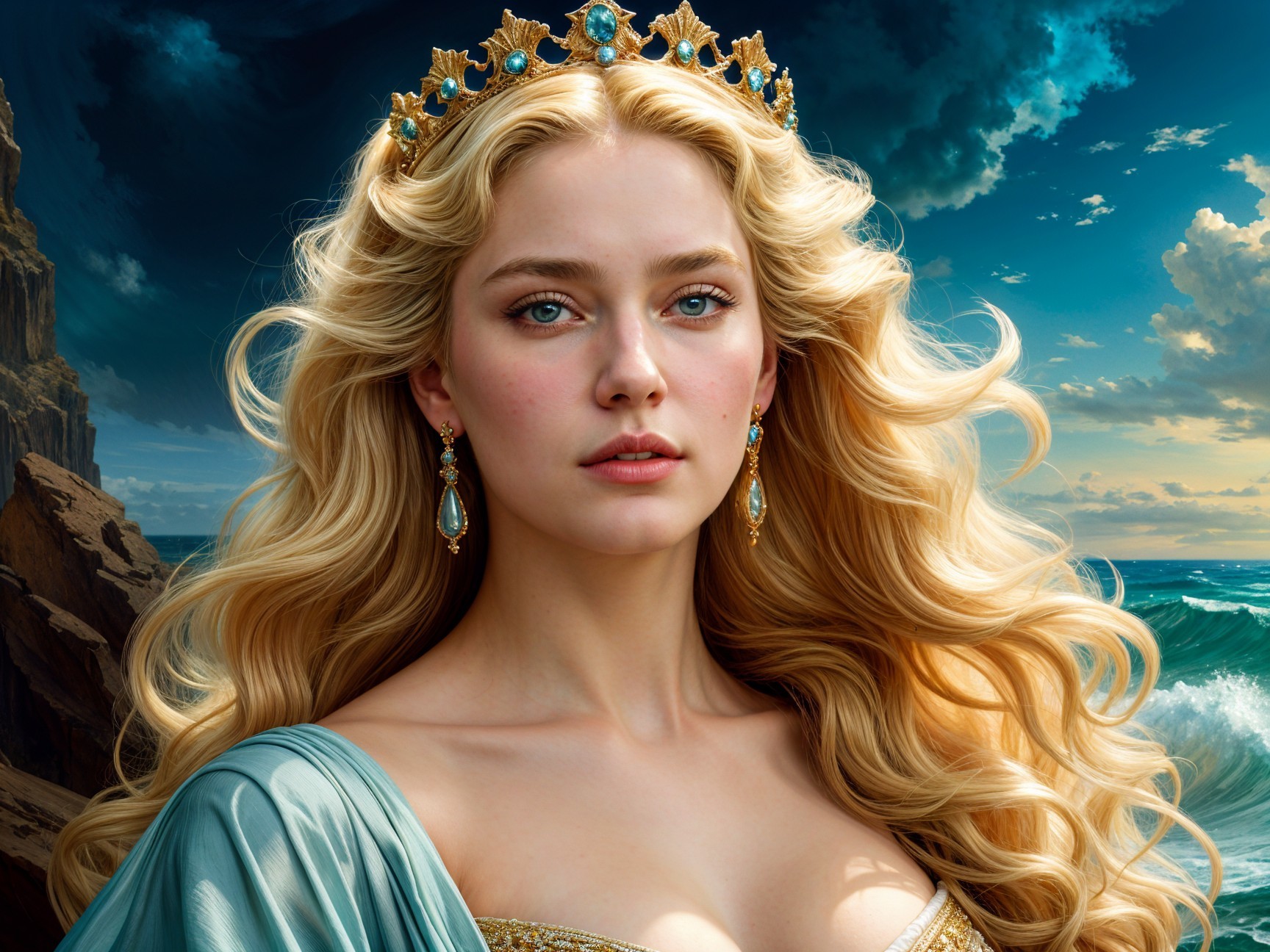 Serene Woman in Golden Crown Against Dramatic Seascape