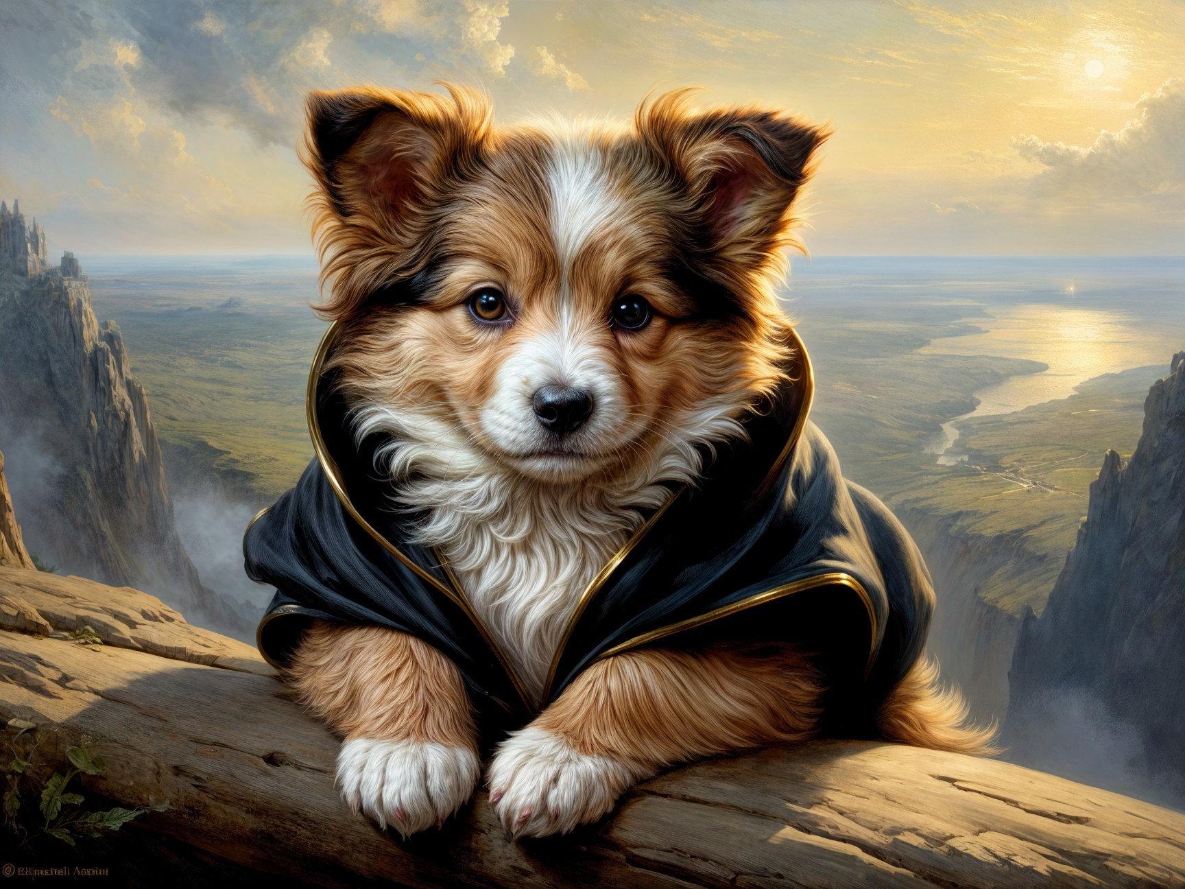 Fluffy Dog on Rocky Ledge with Scenic Sunset View