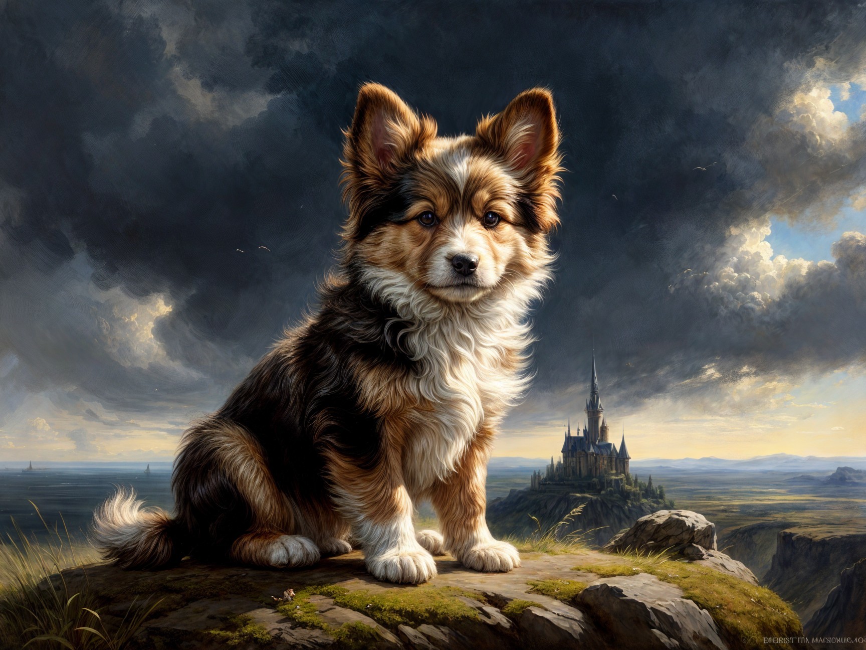 Fluffy Puppy on Rocky Outcrop with Dramatic Sky