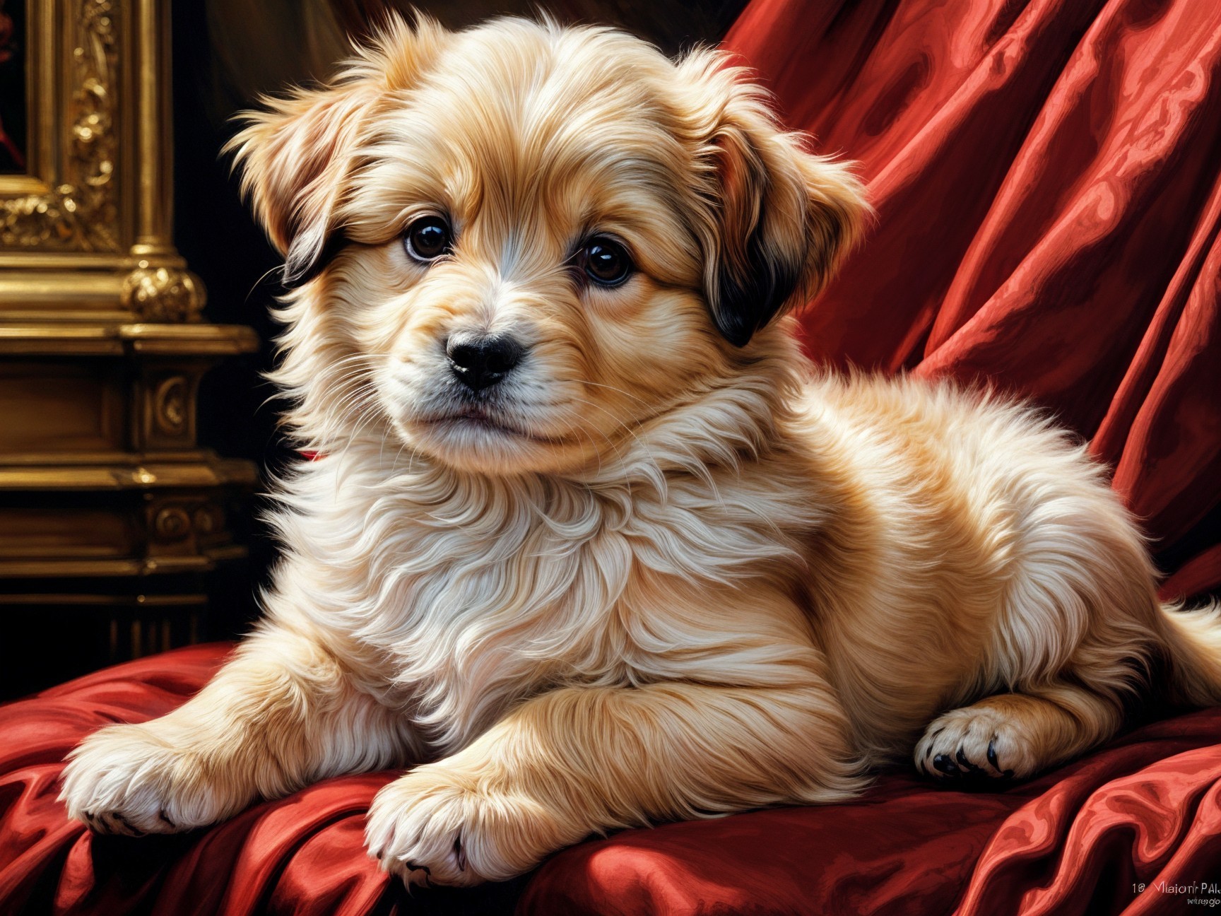 Fluffy Golden Puppy on Red Velvet Background
