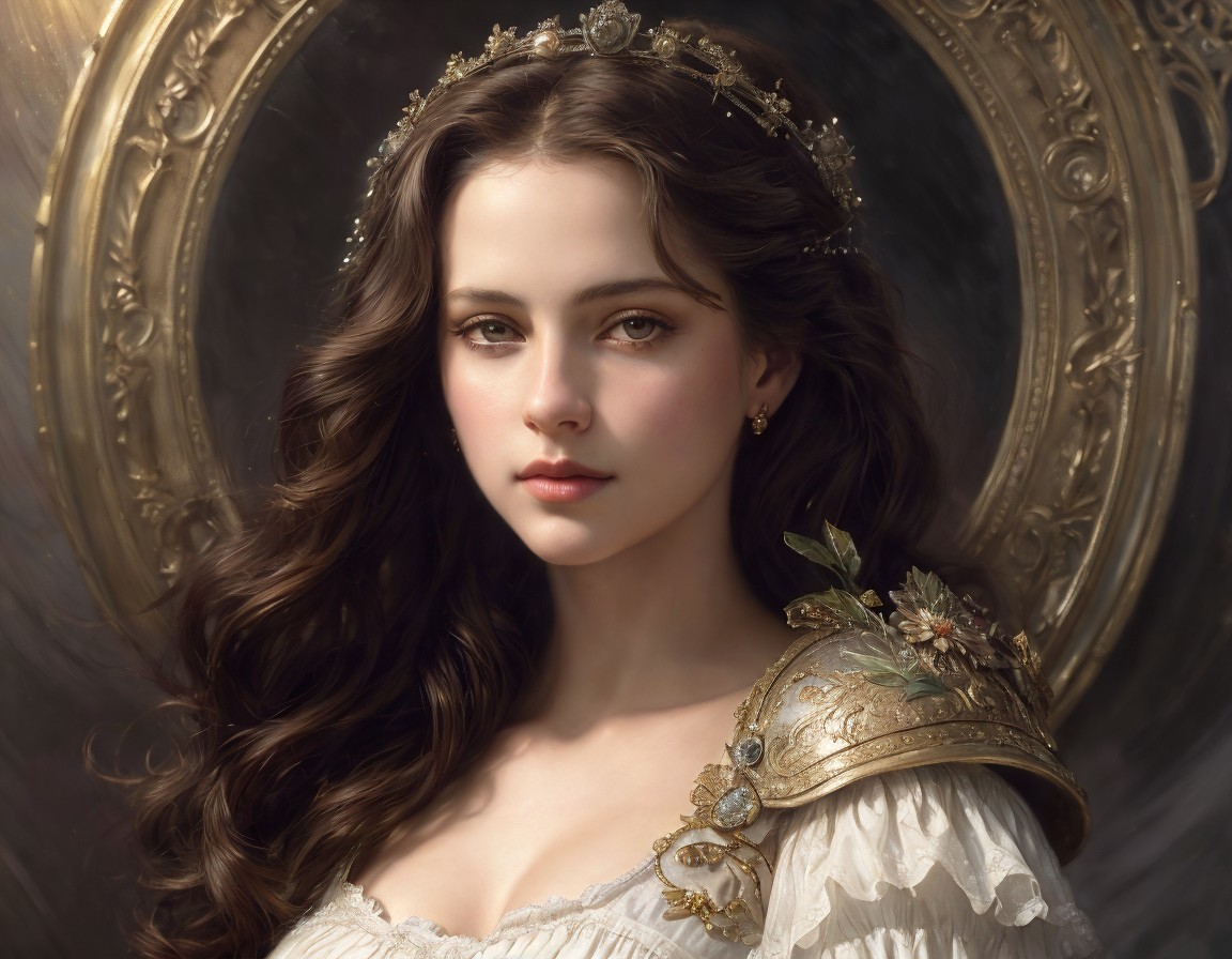 Portrait of woman with long wavy hair, crown, and ornate shoulder piece.