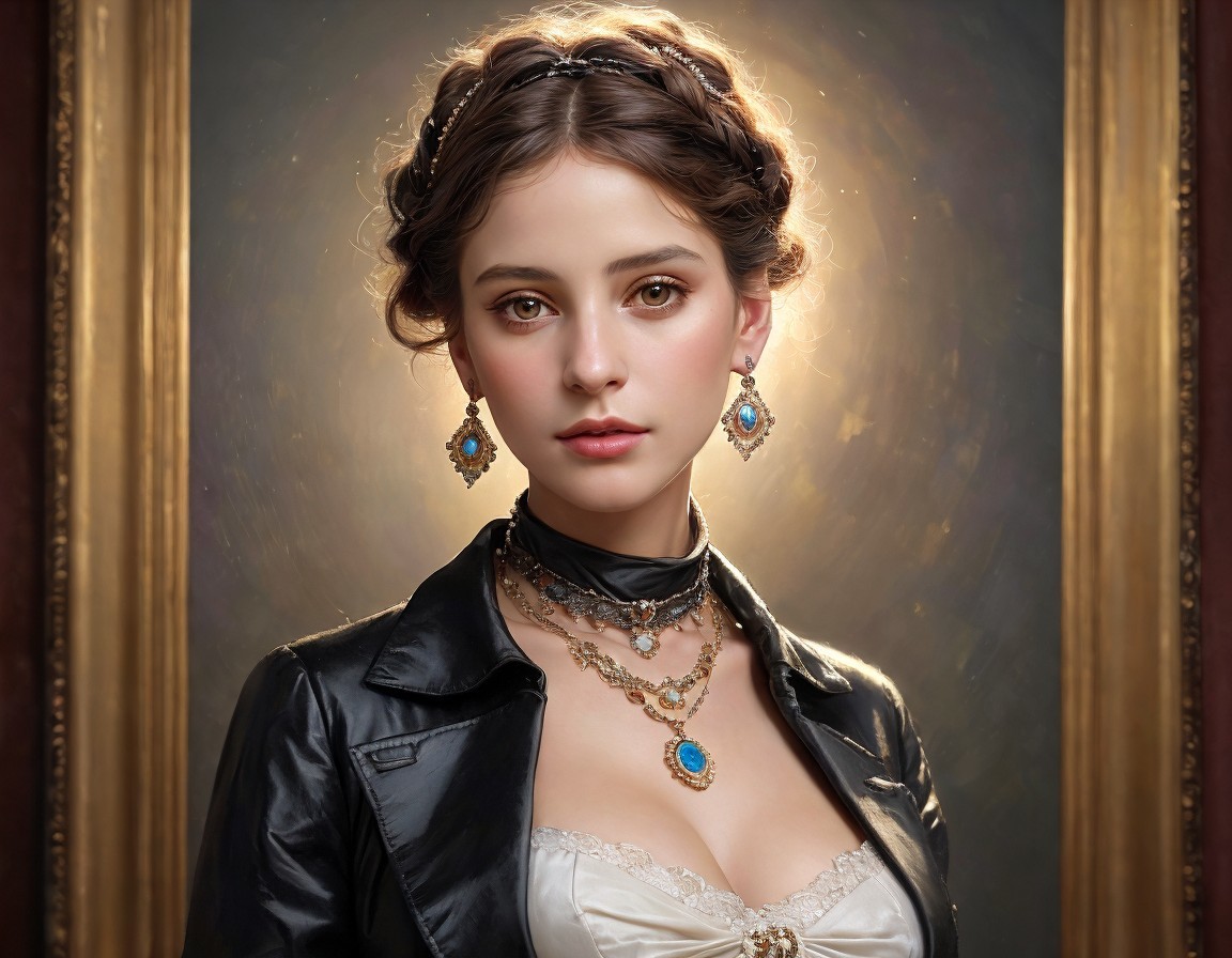Young woman in vintage hairstyle, leather jacket, corseted dress, and sophisticated jewelry.