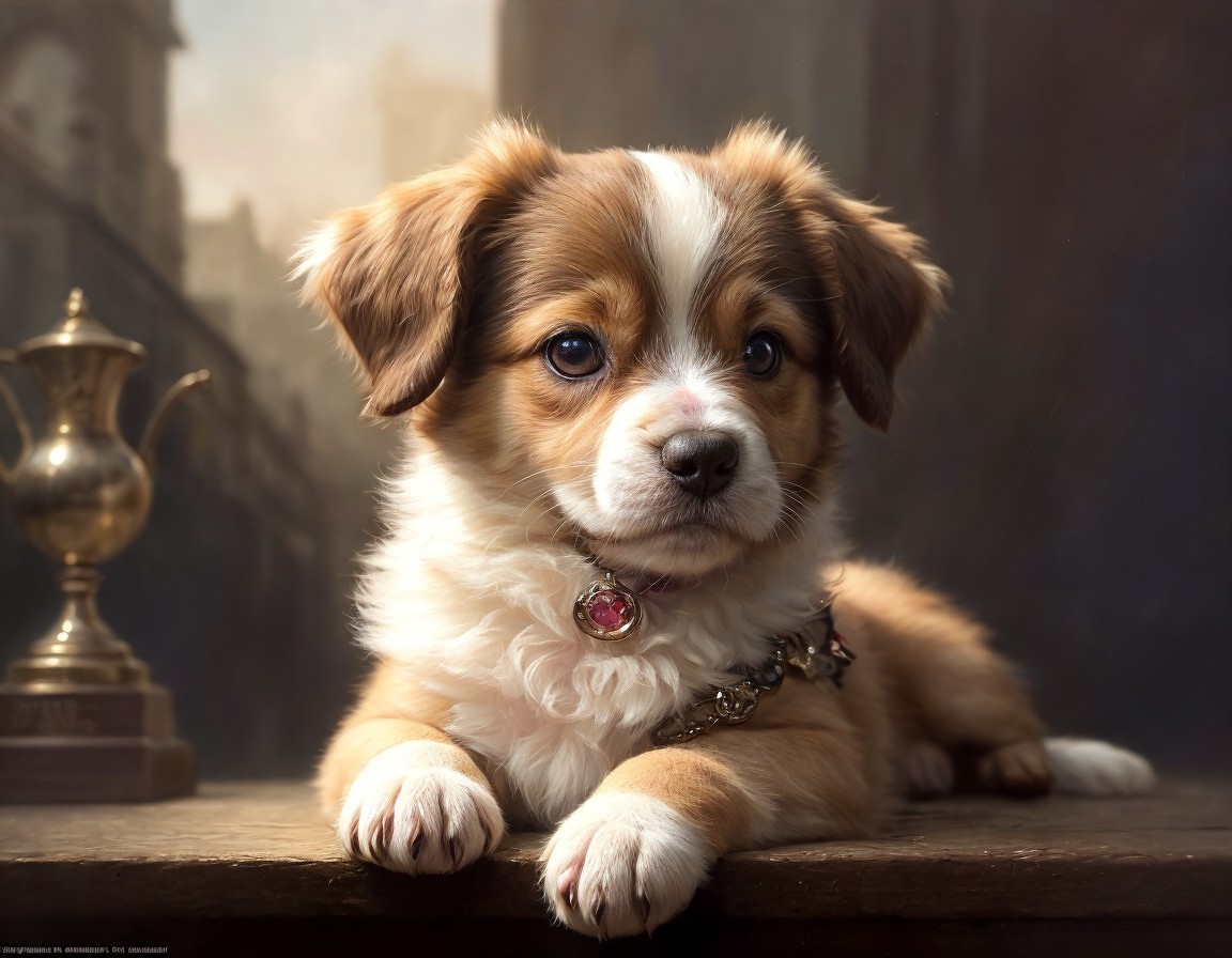 Tricolor fluffy puppy with jeweled collar on vintage backdrop