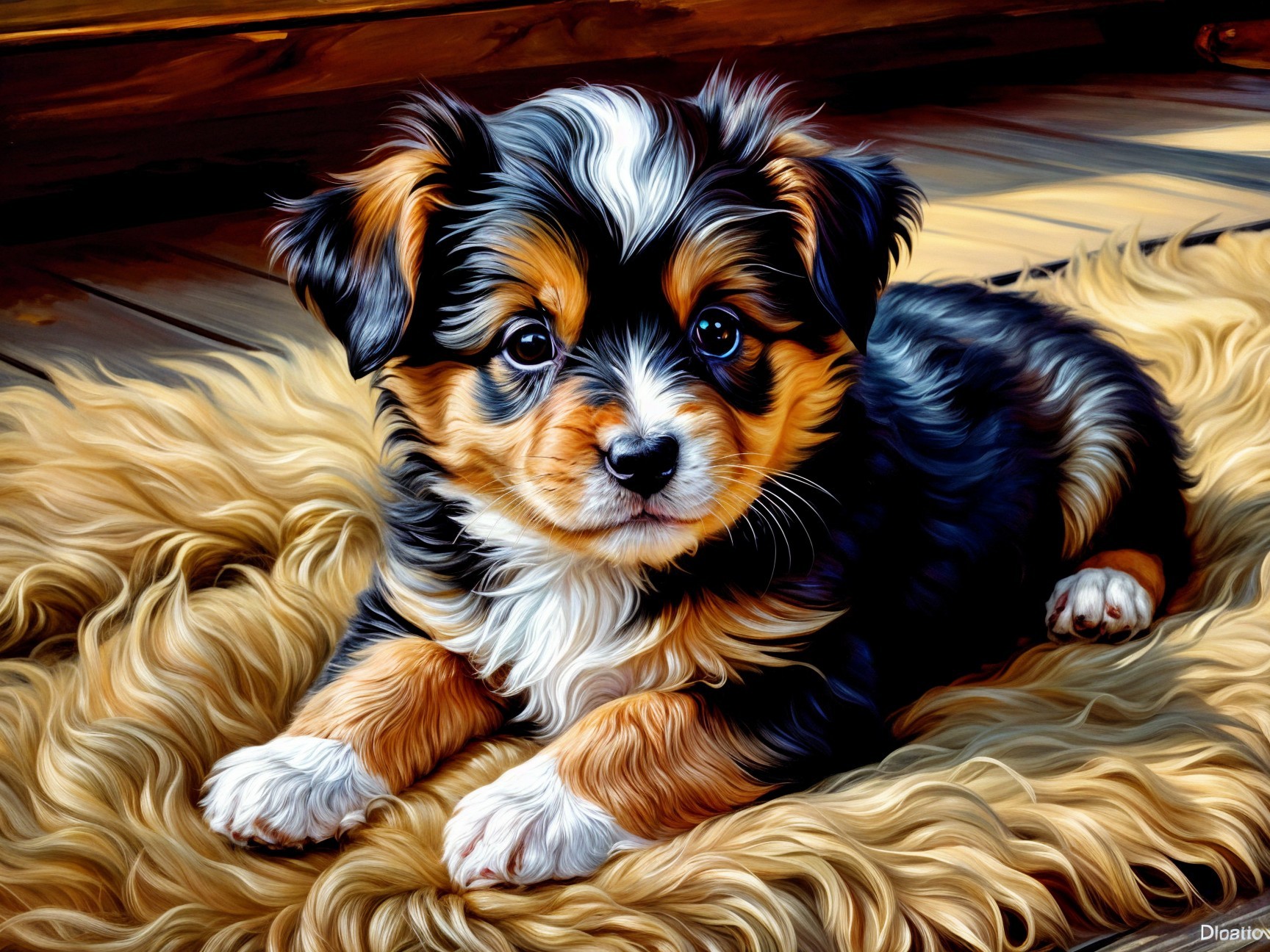 Fluffy Puppy on Soft Golden Fur Rug in Cozy Setting