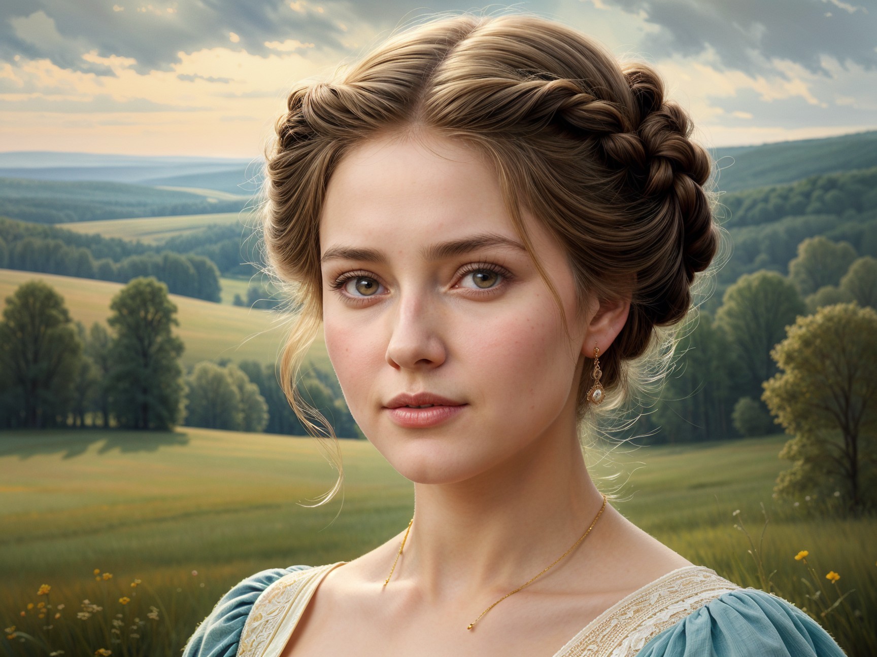Young woman in a light dress against a serene landscape