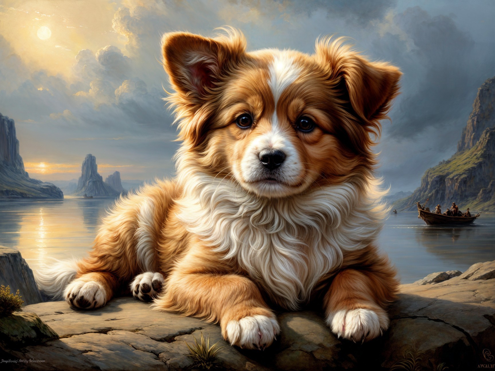 Fluffy Orange and White Dog on Rocky Shore at Sunset