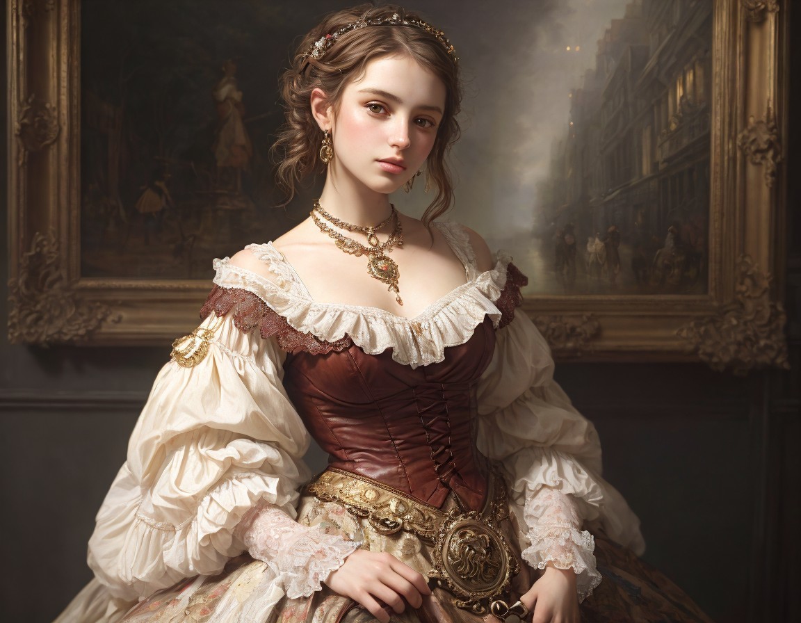 Young woman in elegant historical dress in ornate setting