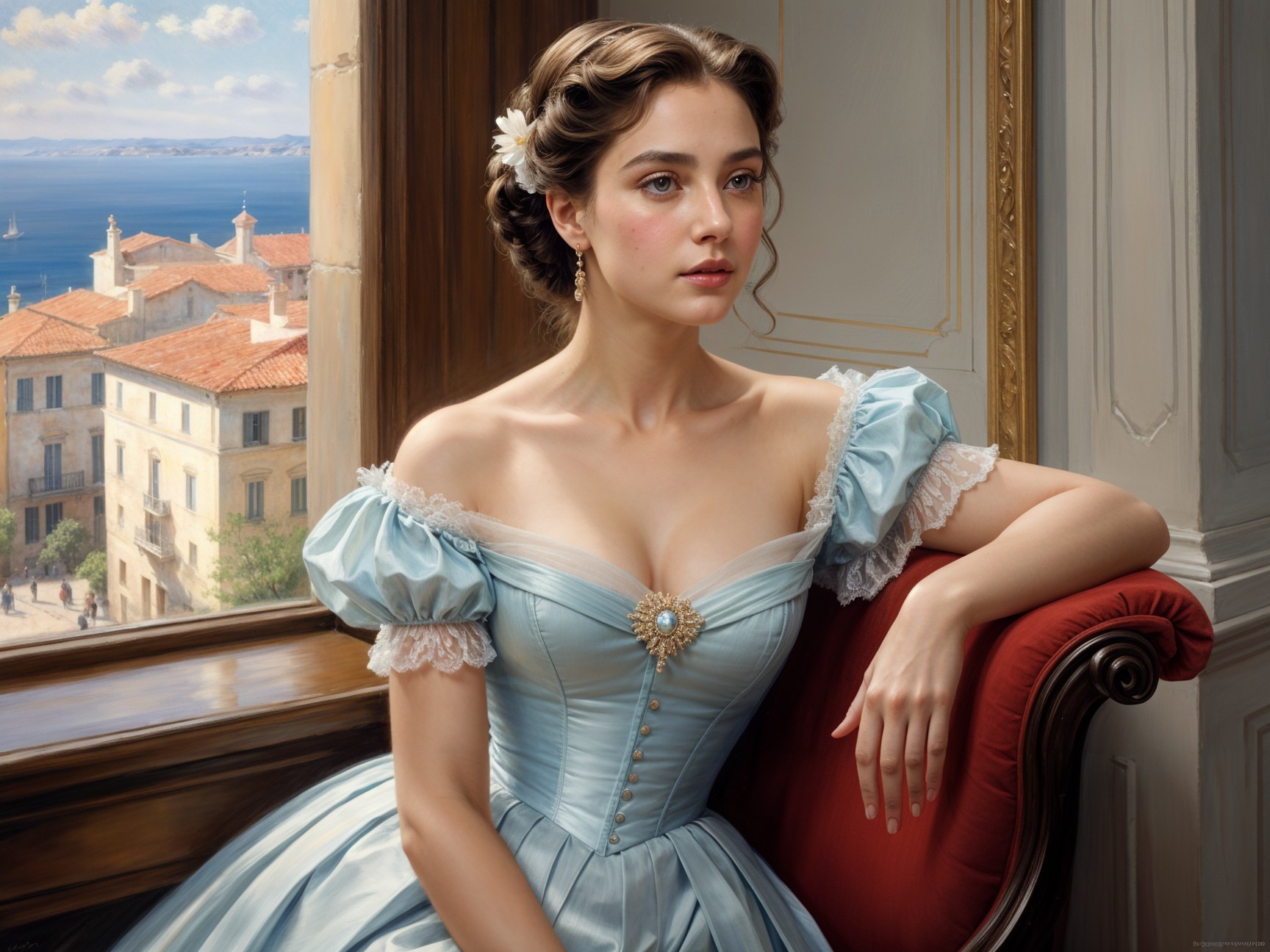 Young woman in pale blue gown by seaside window