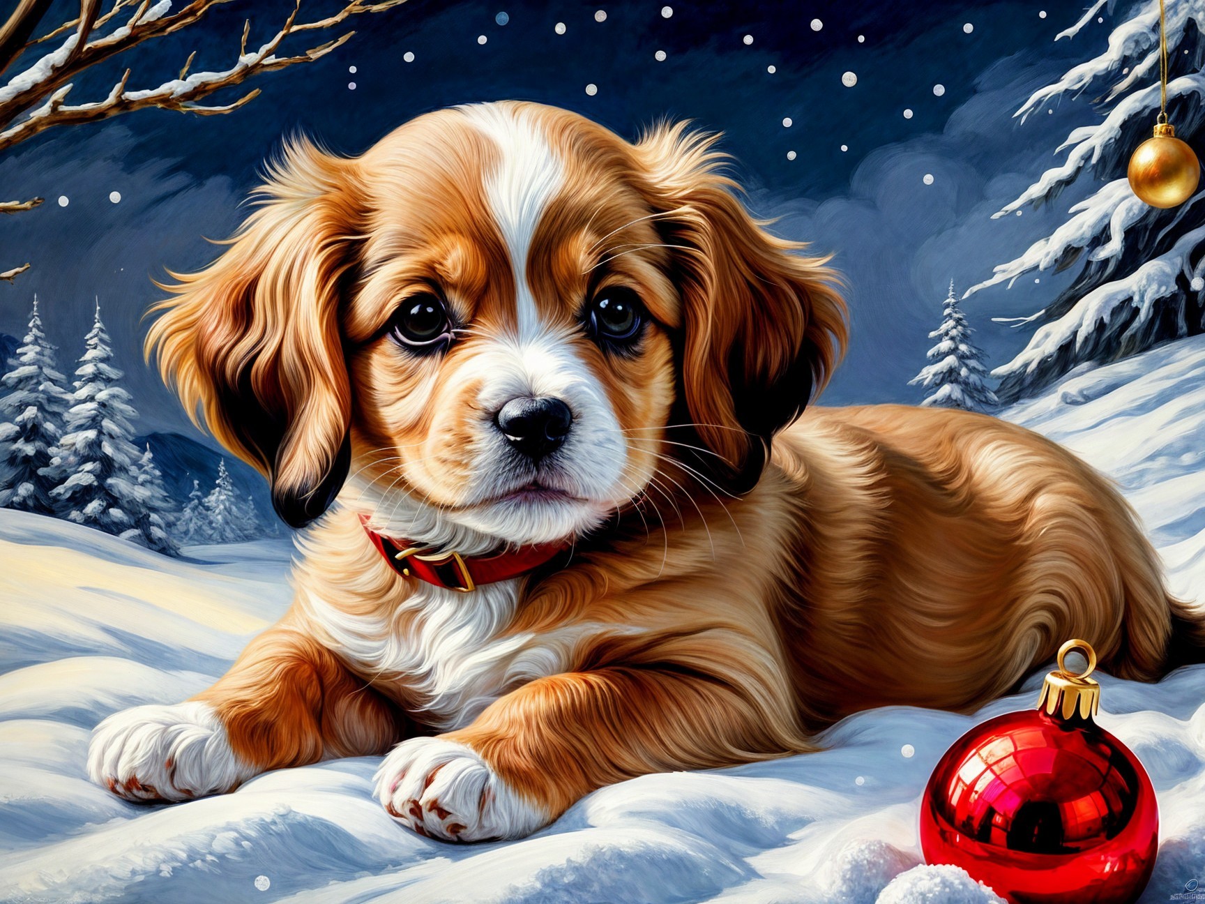 Fluffy Golden-Brown Puppy in Snowy Winter Scene