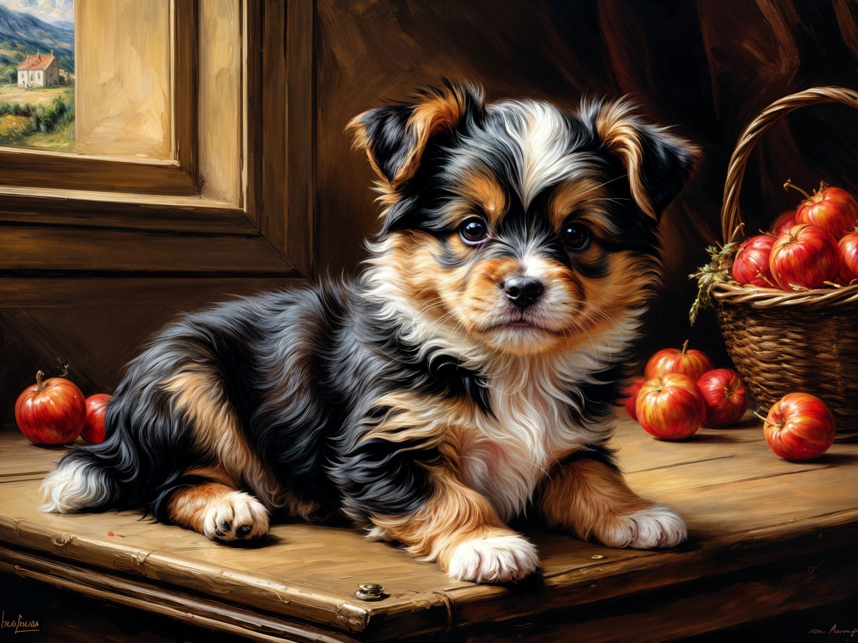 Puppy with Fluffy Coat Resting Near Apples